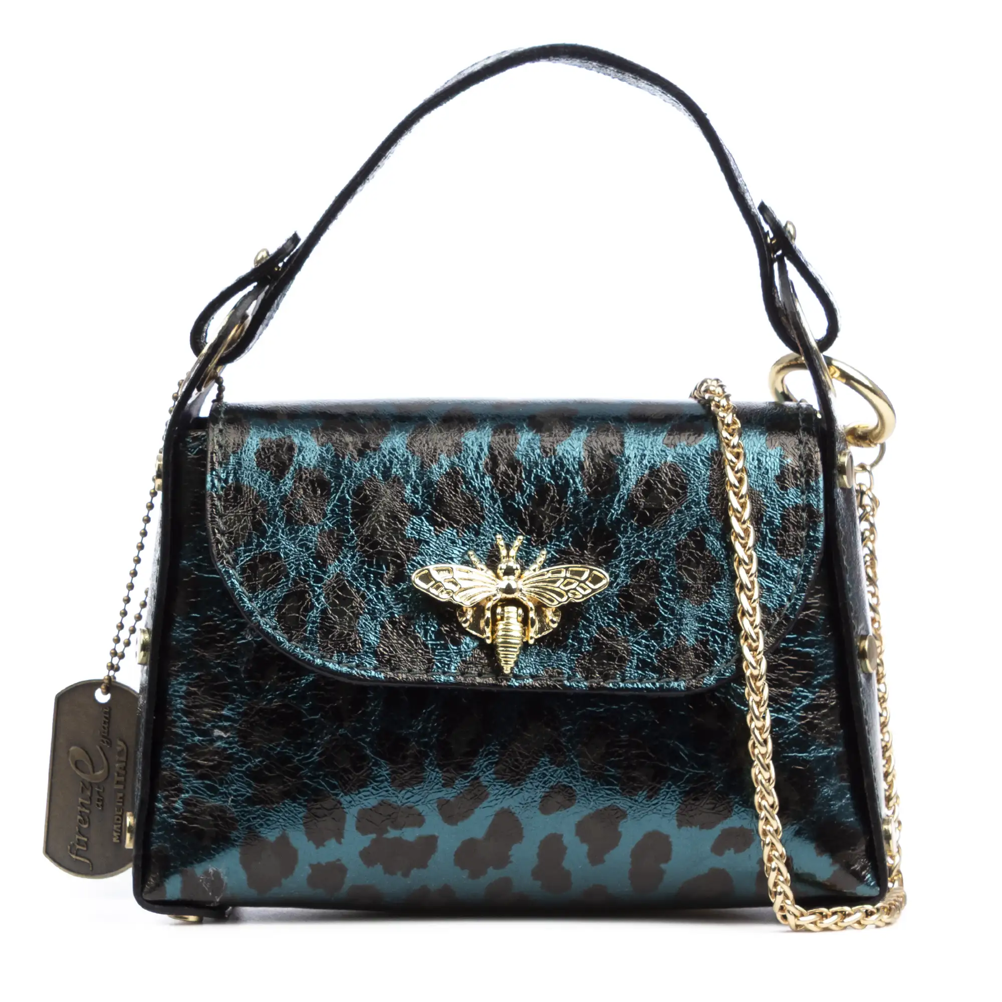 Aquileia bolso de mano mujer. Piel auténtica Gamuza con estampado animal print leopardo lacada brillante.