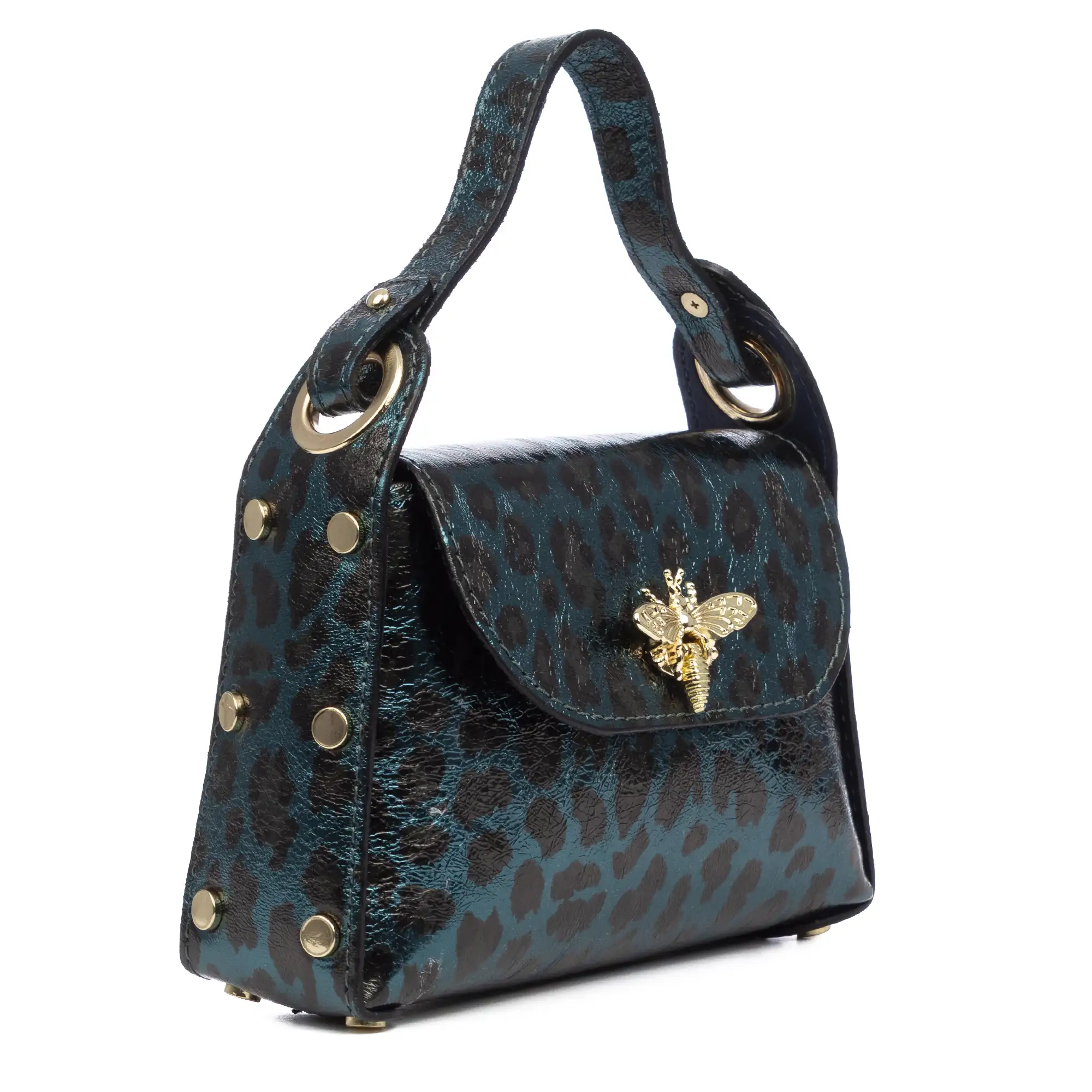 Aquileia bolso de mano mujer. Piel auténtica Gamuza con estampado animal print leopardo lacada brillante.