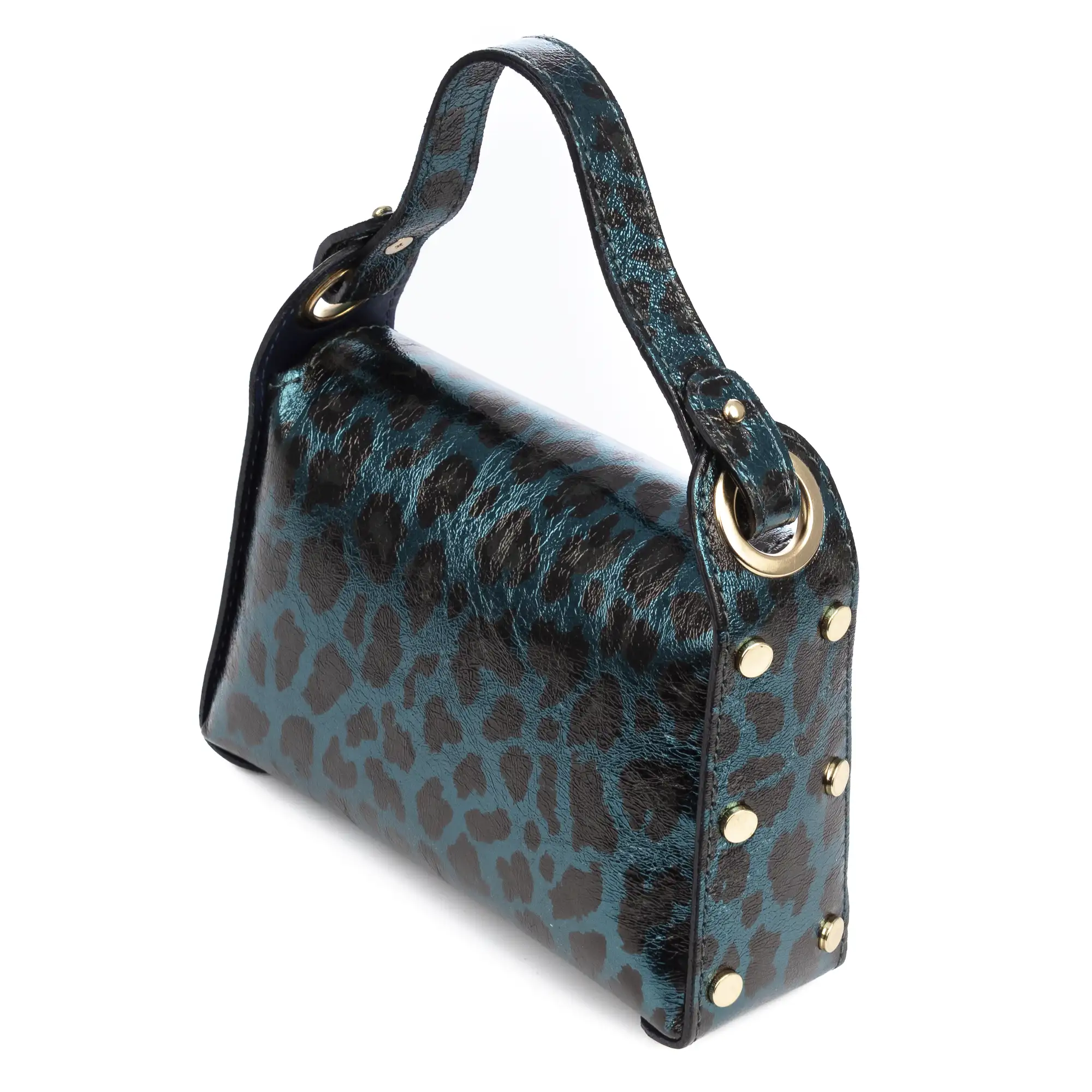 Aquileia bolso de mano mujer. Piel auténtica Gamuza con estampado animal print leopardo lacada brillante.