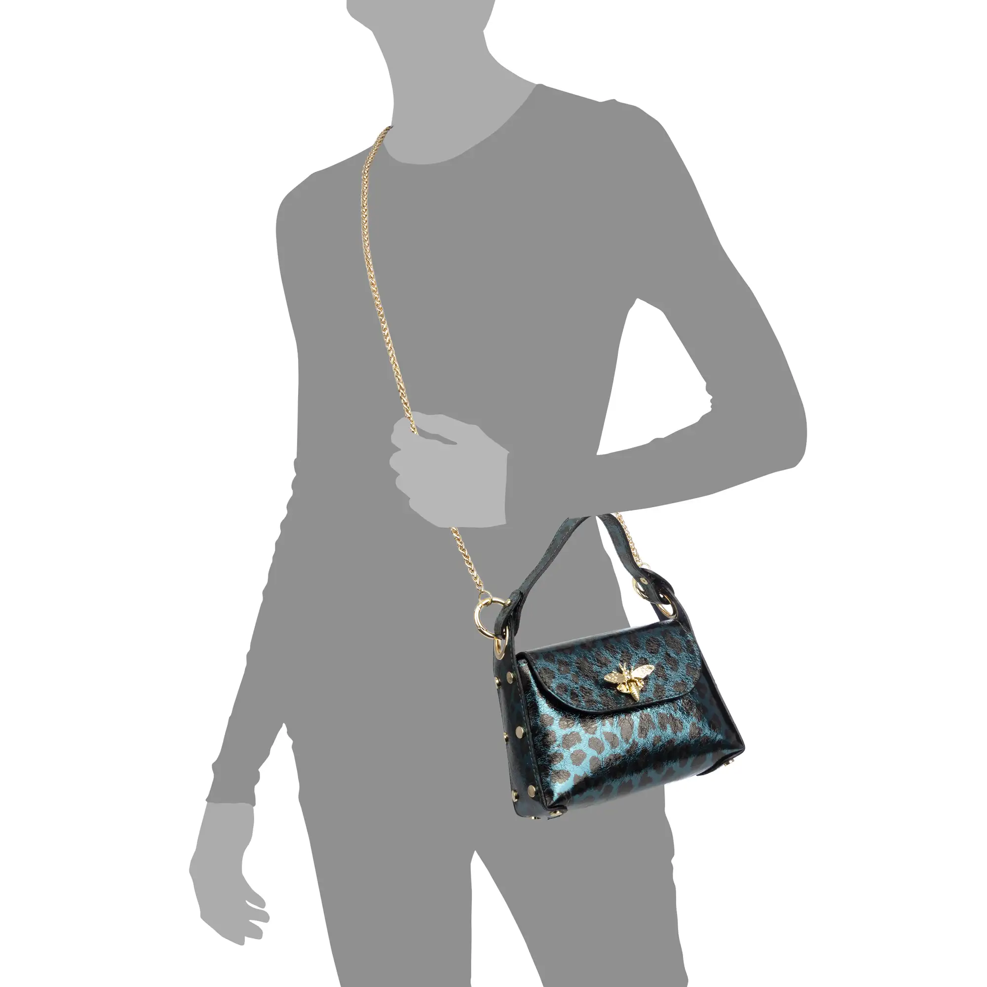 Aquileia bolso de mano mujer. Piel auténtica Gamuza con estampado animal print leopardo lacada brillante.