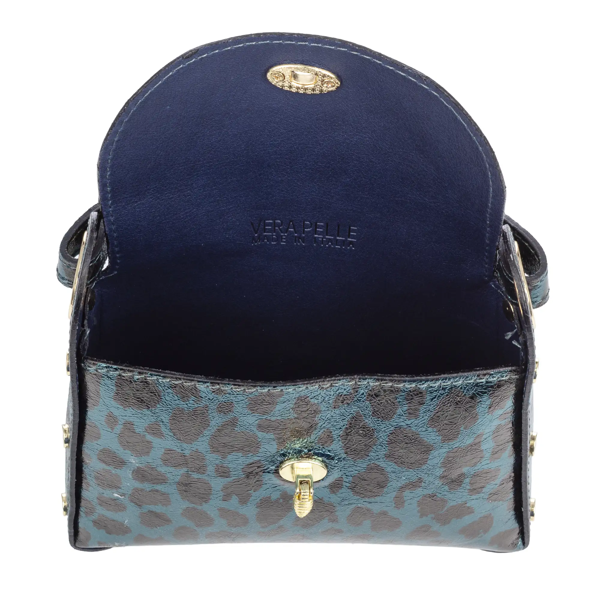 Aquileia bolso de mano mujer. Piel auténtica Gamuza con estampado animal print leopardo lacada brillante.