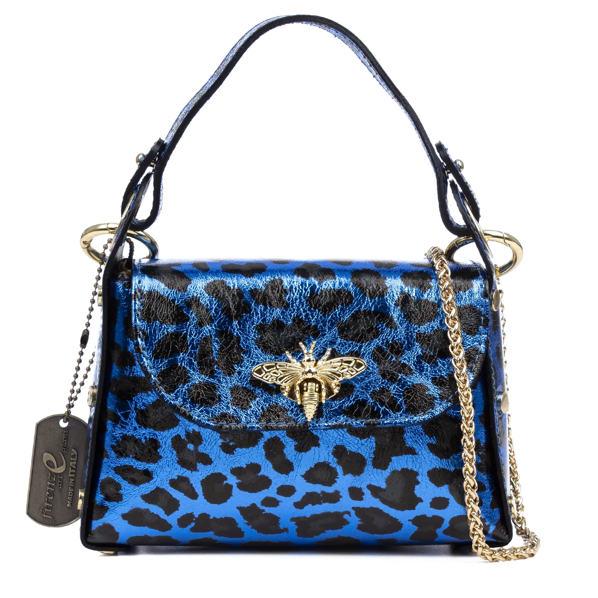 Aquileia bolso de mano mujer. Piel auténtica Gamuza con estampado animal print leopardo lacada brillante.