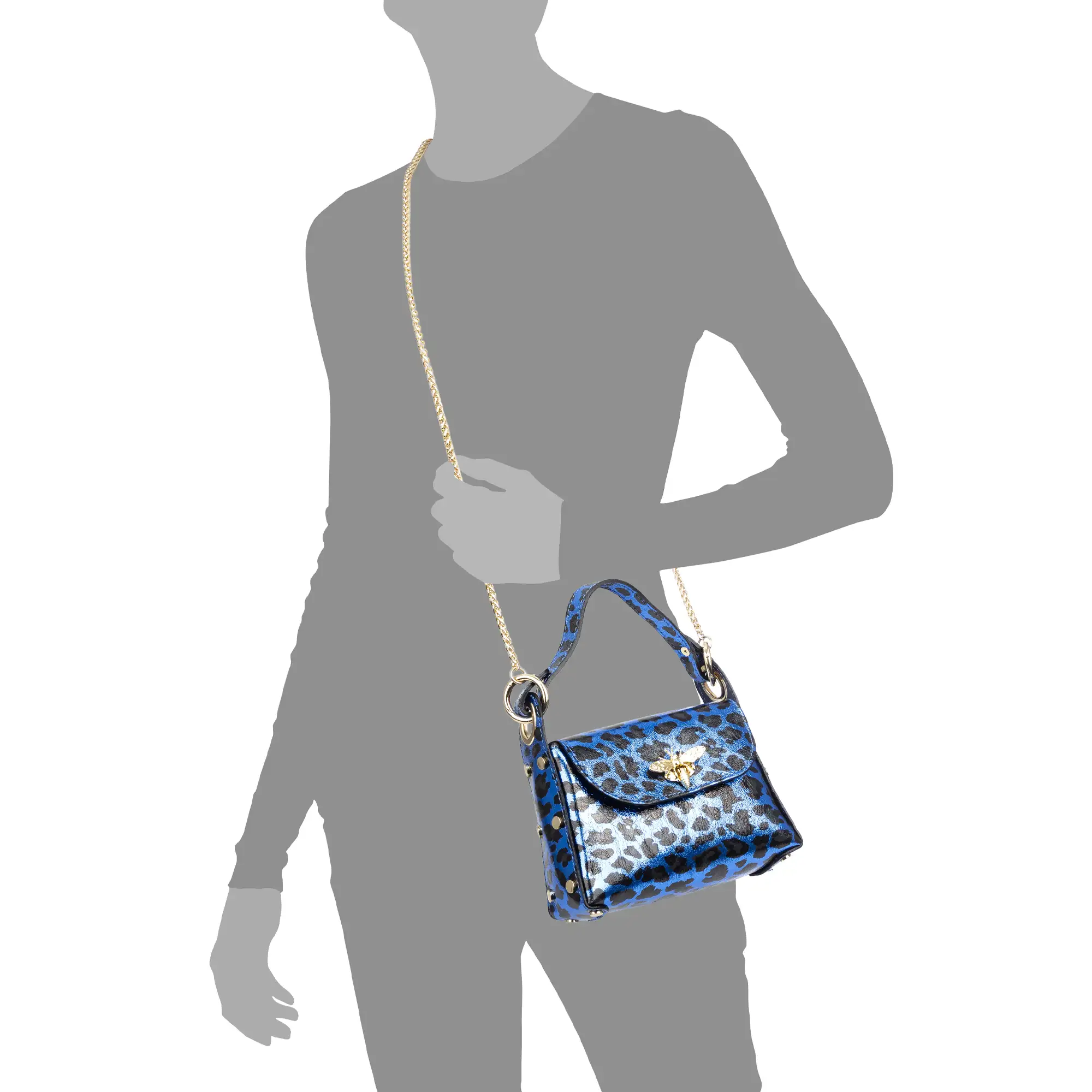 Aquileia bolso de mano mujer. Piel auténtica Gamuza con estampado animal print leopardo lacada brillante.