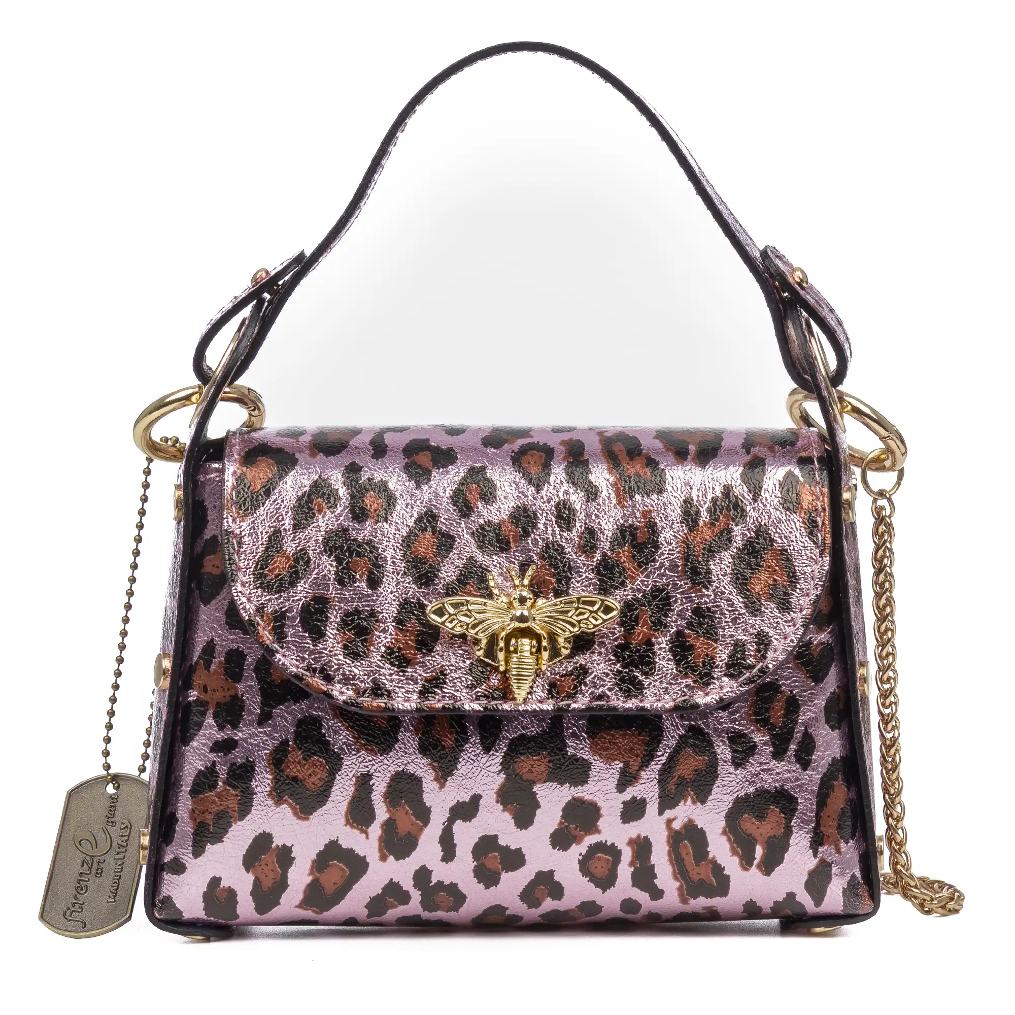 Aquileia bolso de mano mujer. Piel auténtica Gamuza con estampado animal print leopardo lacada brillante.