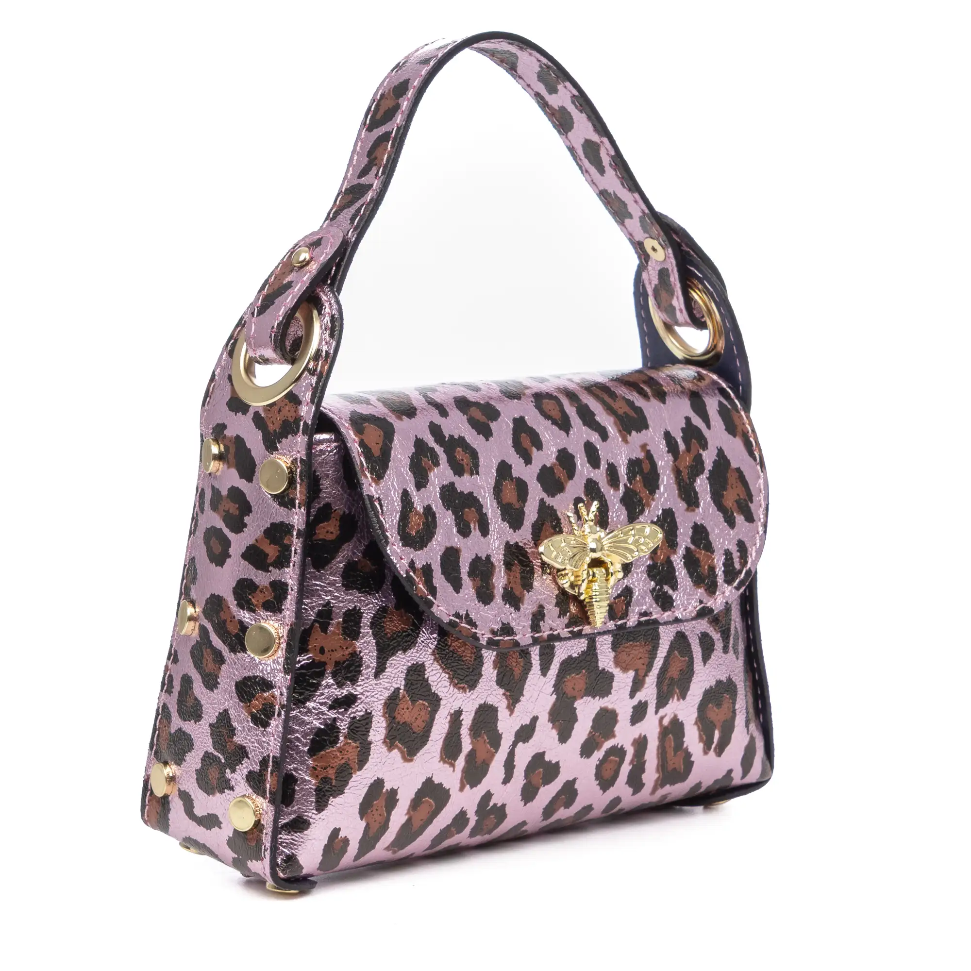 Aquileia bolso de mano mujer. Piel auténtica Gamuza con estampado animal print leopardo lacada brillante.