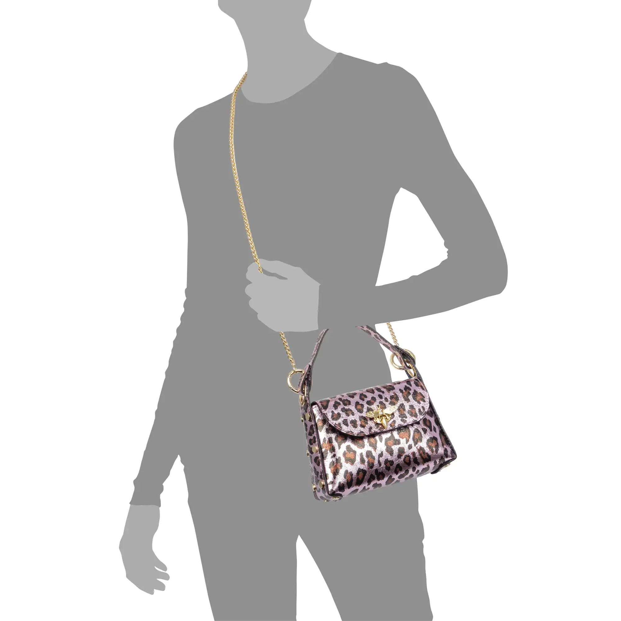 Aquileia bolso de mano mujer. Piel auténtica Gamuza con estampado animal print leopardo lacada brillante.