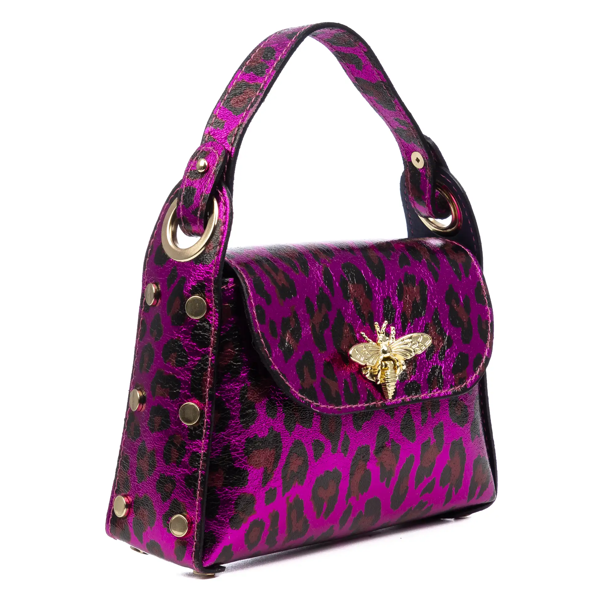 Aquileia bolso de mano mujer. Piel auténtica Gamuza con estampado animal print leopardo lacada brillante.