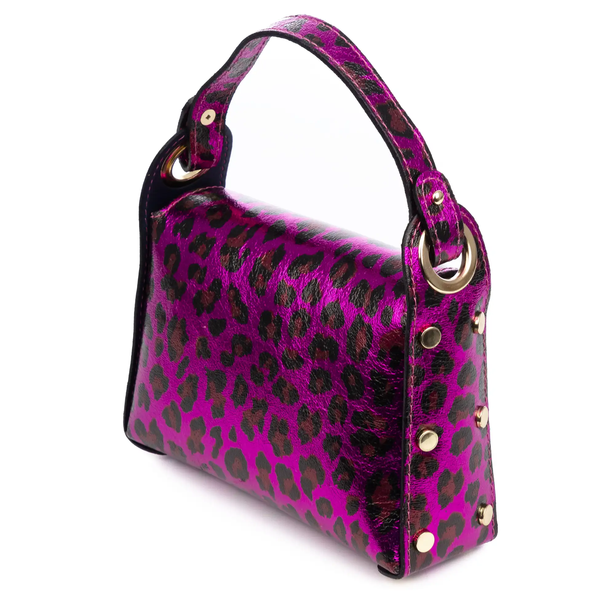 Aquileia bolso de mano mujer. Piel auténtica Gamuza con estampado animal print leopardo lacada brillante.