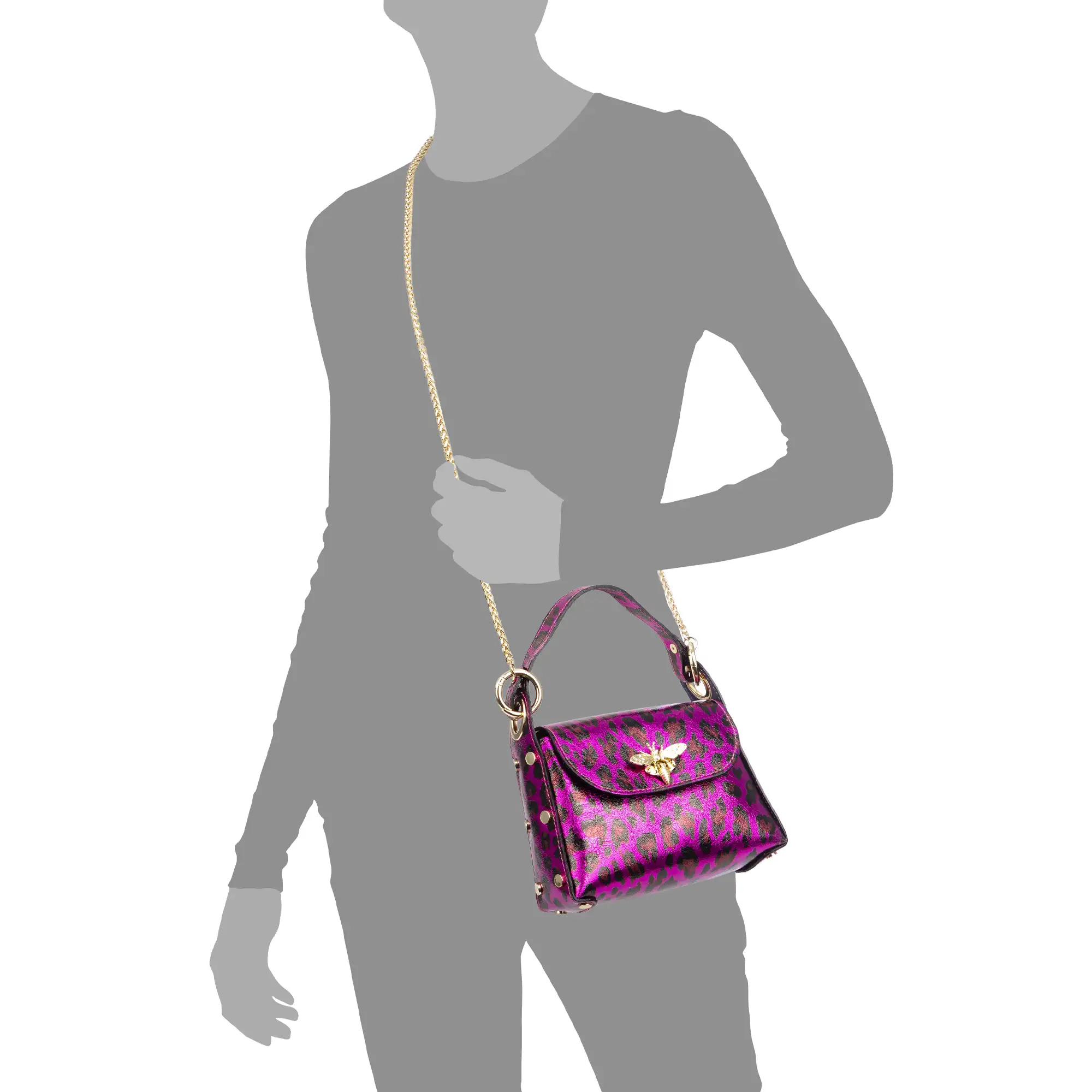 Aquileia bolso de mano mujer. Piel auténtica Gamuza con estampado animal print leopardo lacada brillante.