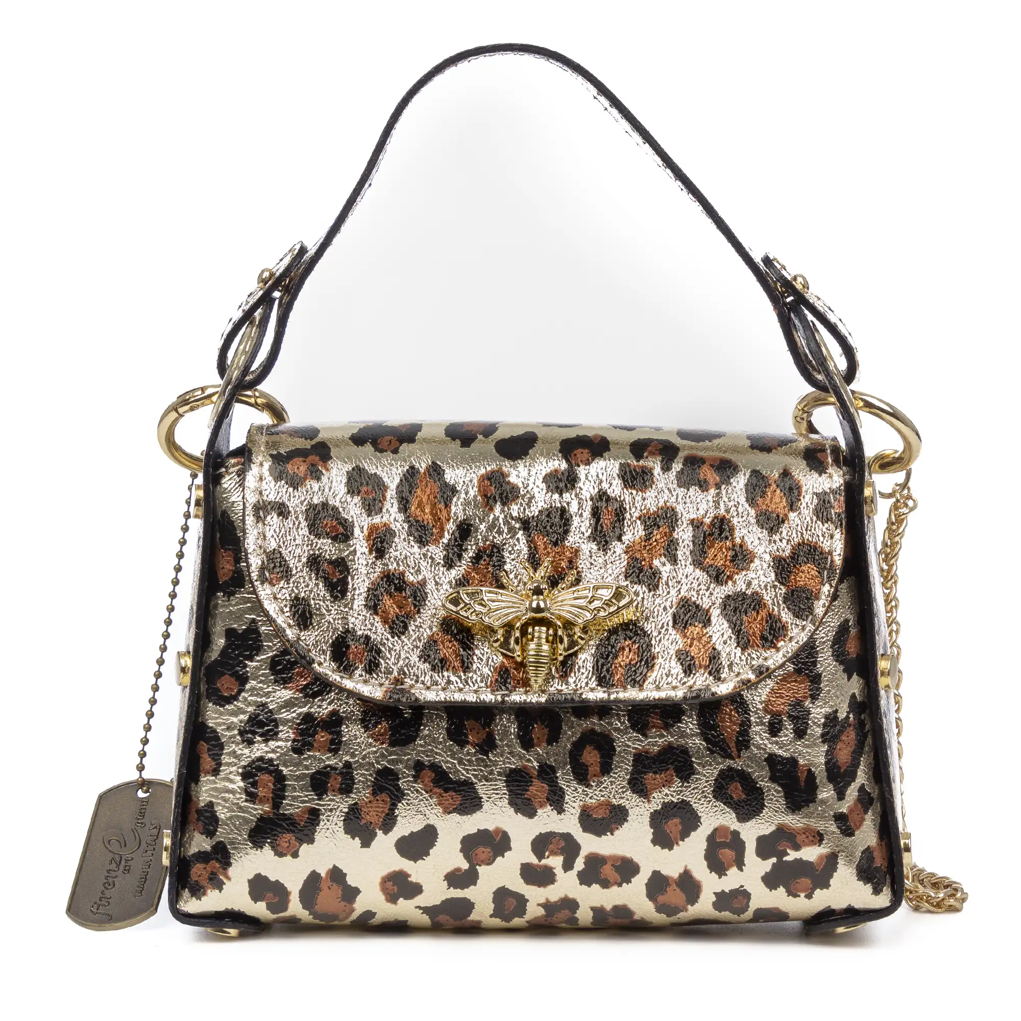 Aquileia bolso de mano mujer. Piel auténtica Gamuza con estampado animal print leopardo lacada brillante.