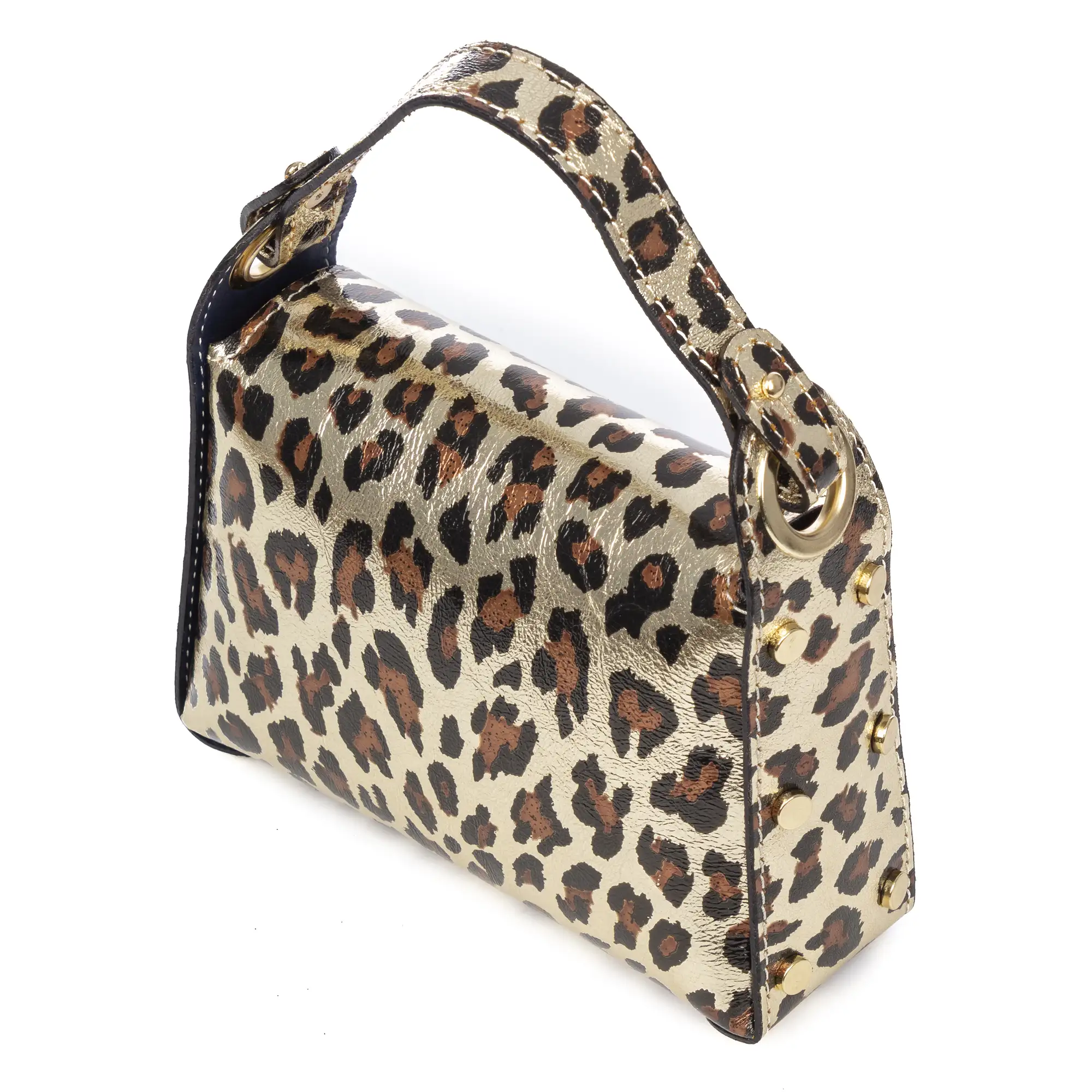 Aquileia bolso de mano mujer. Piel auténtica Gamuza con estampado animal print leopardo lacada brillante.