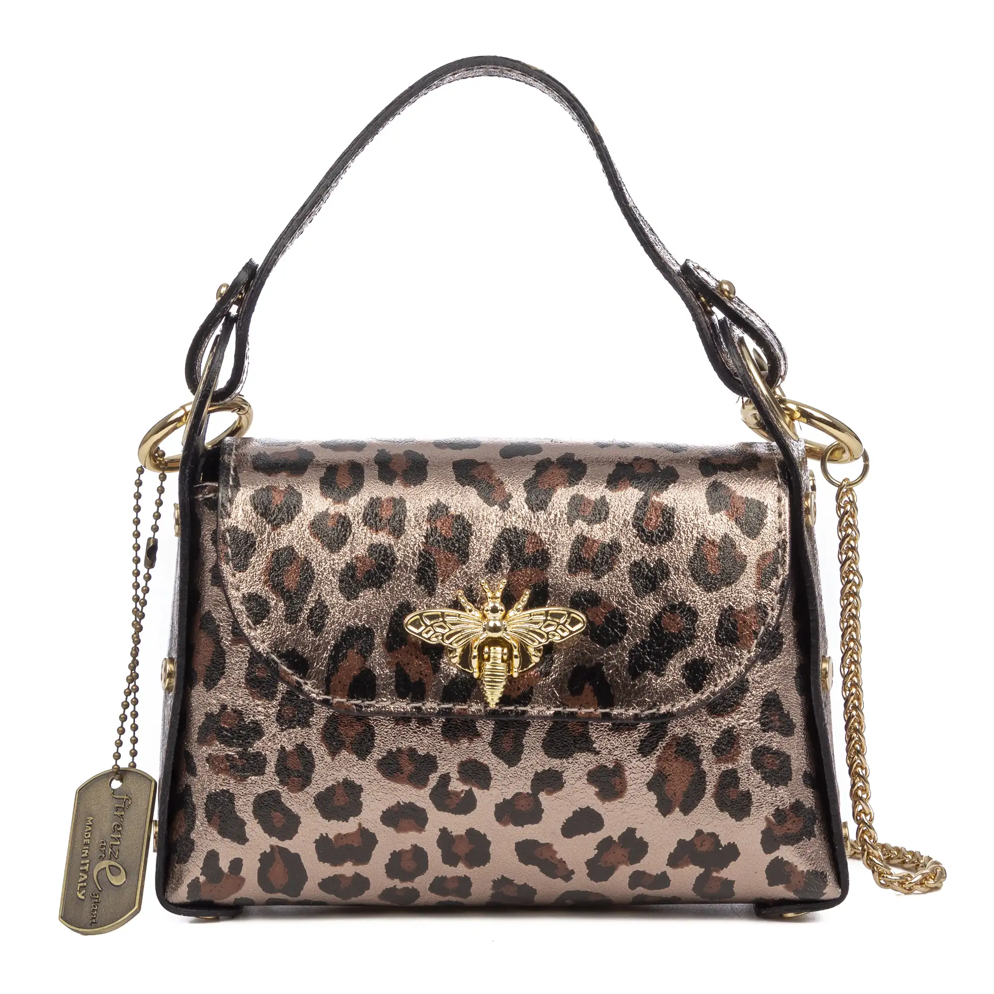 Aquileia bolso de mano mujer. Piel auténtica Gamuza con estampado animal print leopardo lacada brillante.