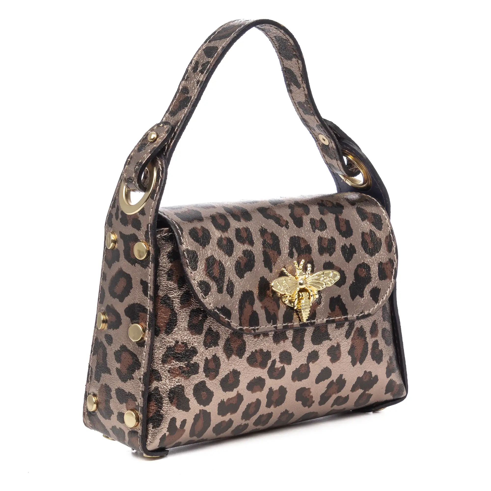 Aquileia bolso de mano mujer. Piel auténtica Gamuza con estampado animal print leopardo lacada brillante.