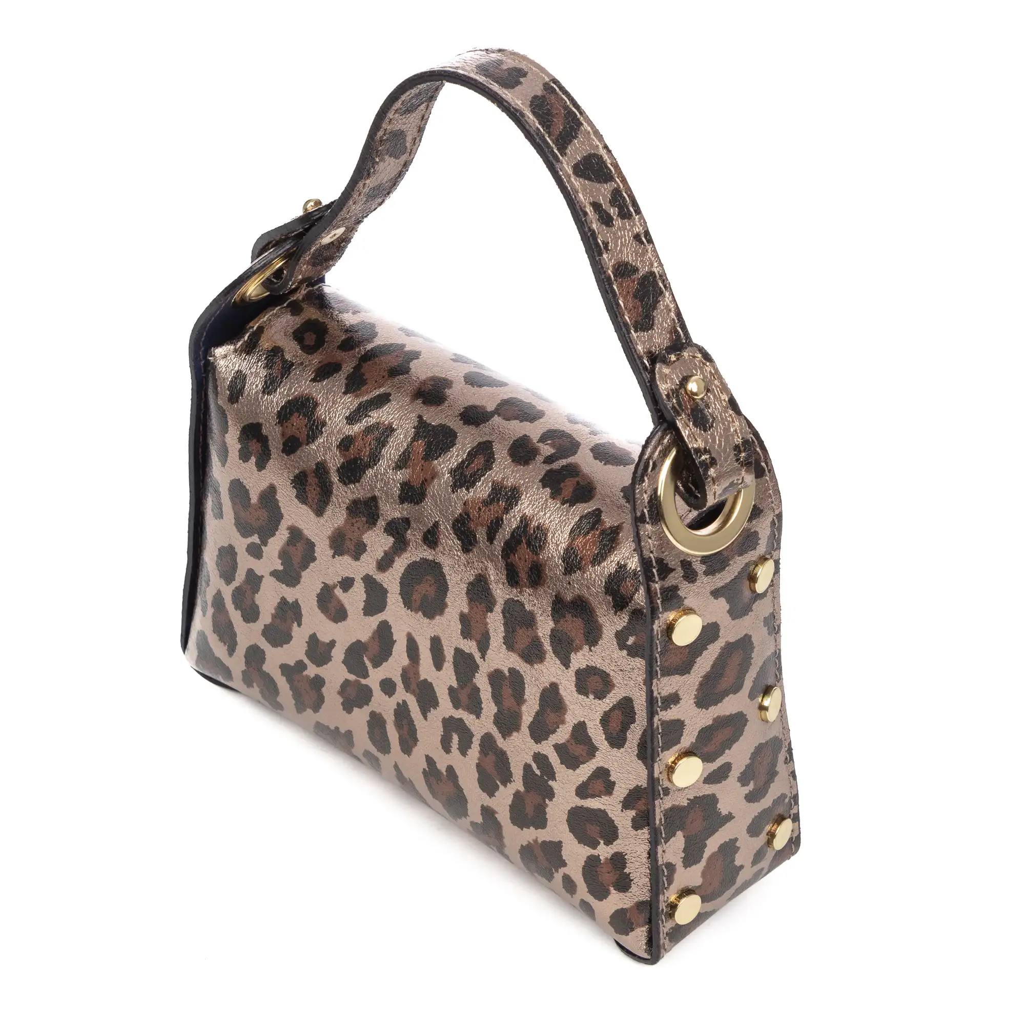 Aquileia bolso de mano mujer. Piel auténtica Gamuza con estampado animal print leopardo lacada brillante.