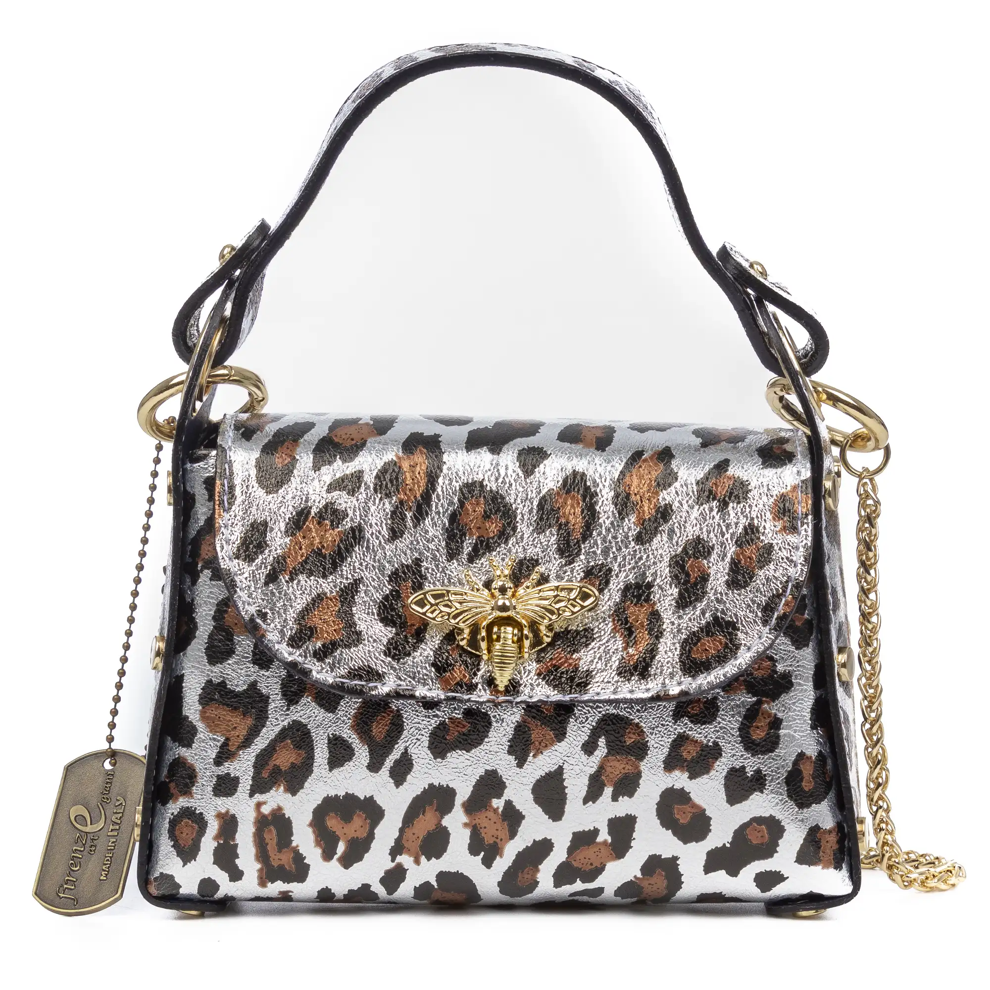 Aquileia bolso de mano mujer. Piel auténtica Gamuza con estampado animal print leopardo lacada brillante.
