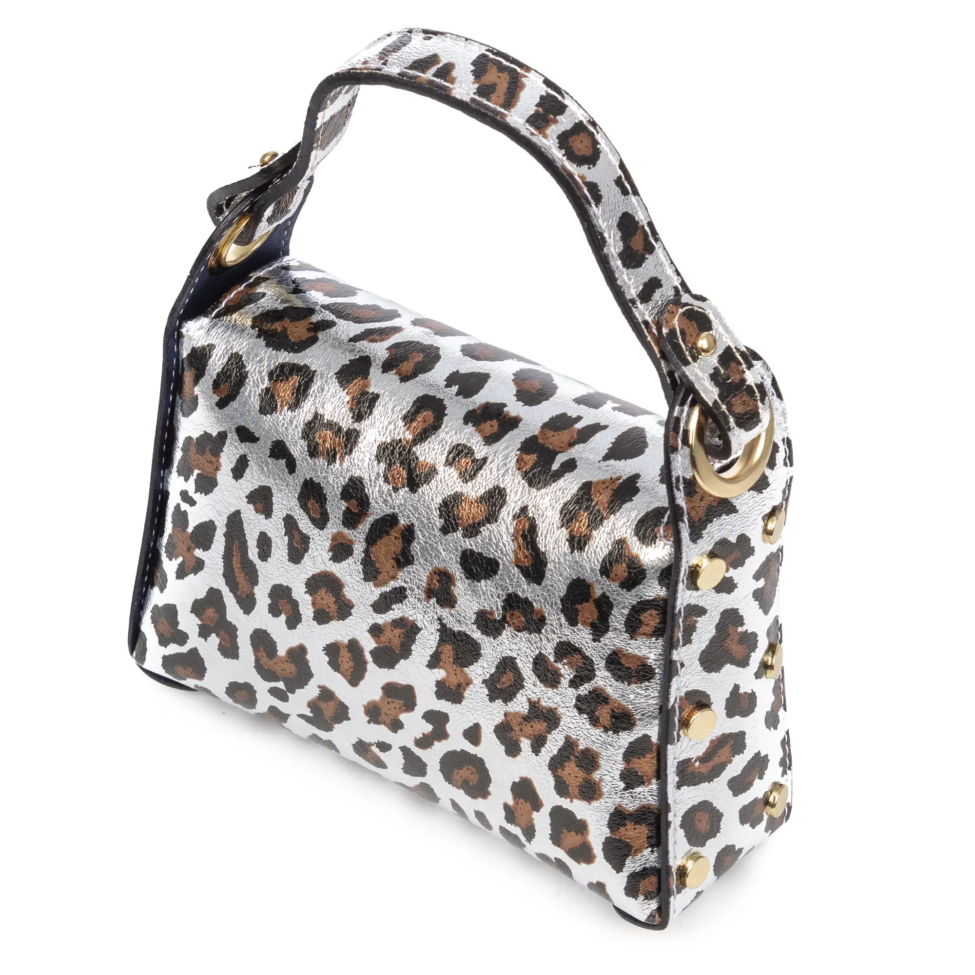 Aquileia bolso de mano mujer. Piel auténtica Gamuza con estampado animal print leopardo lacada brillante.