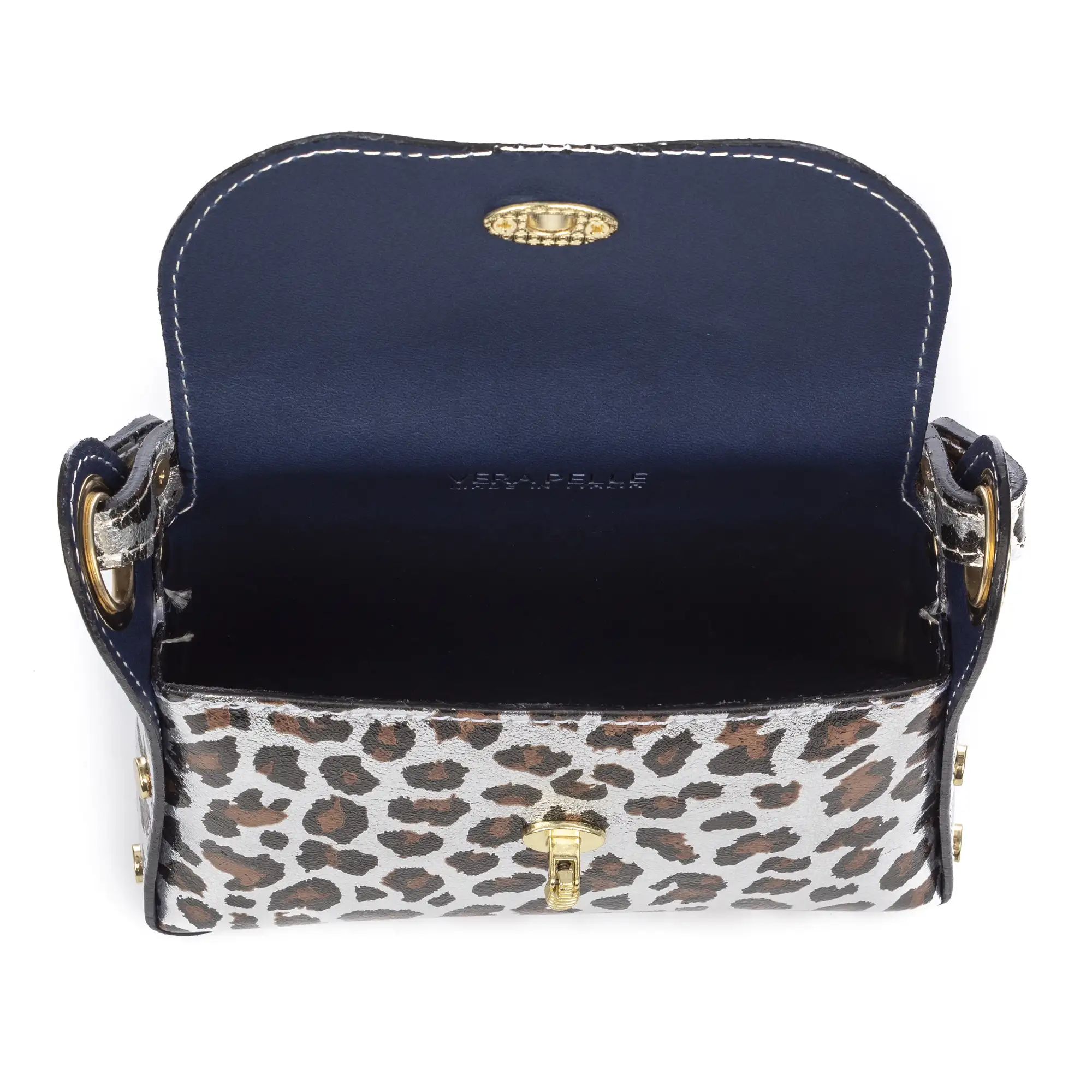 Aquileia bolso de mano mujer. Piel auténtica Gamuza con estampado animal print leopardo lacada brillante.