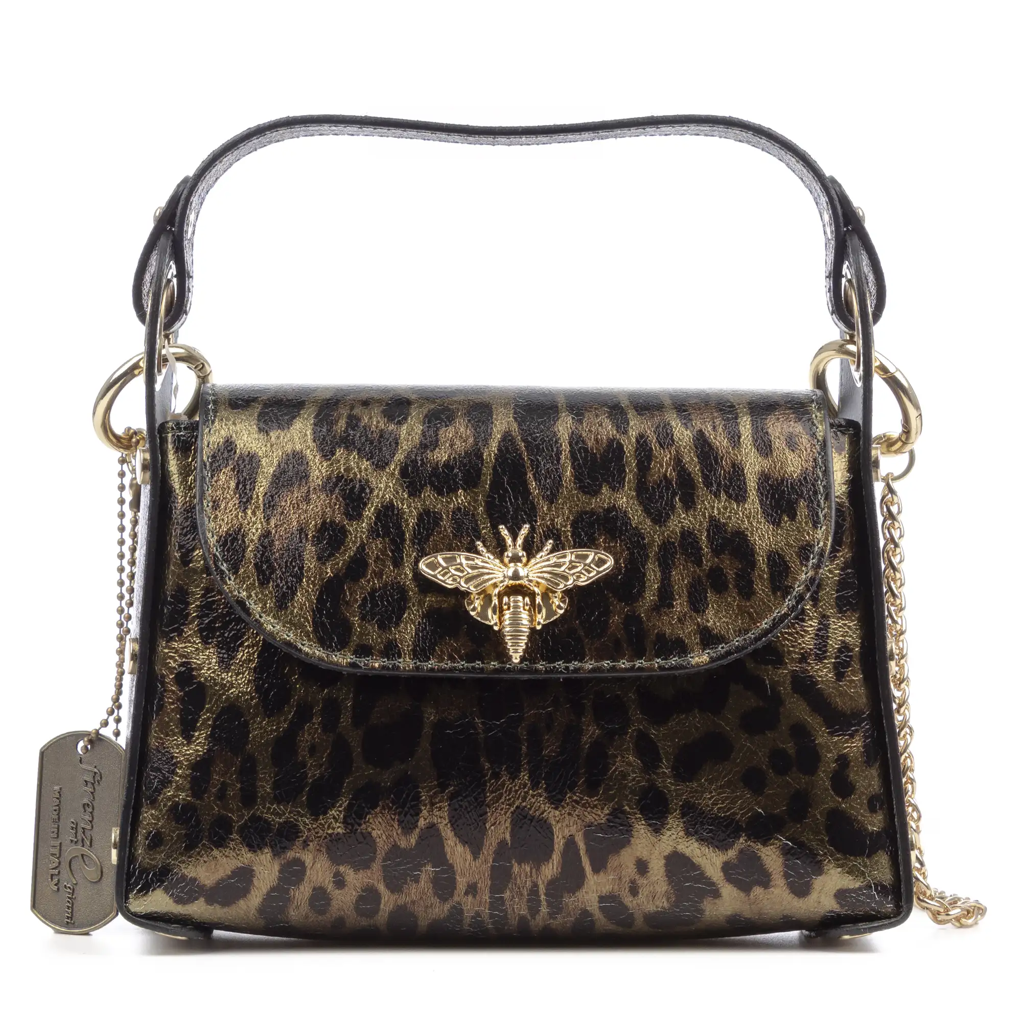 Aquileia bolso de mano mujer. Piel auténtica Gamuza con estampado animal print leopardo lacada brillante.