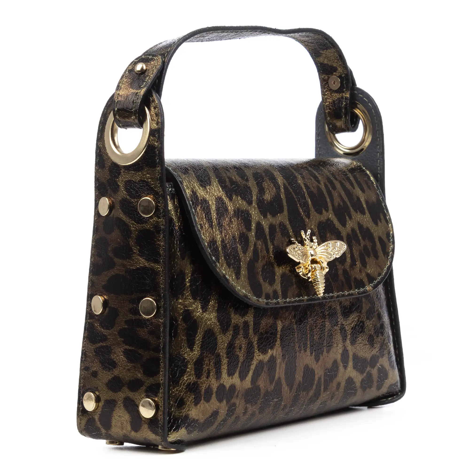 Aquileia bolso de mano mujer. Piel auténtica Gamuza con estampado animal print leopardo lacada brillante.
