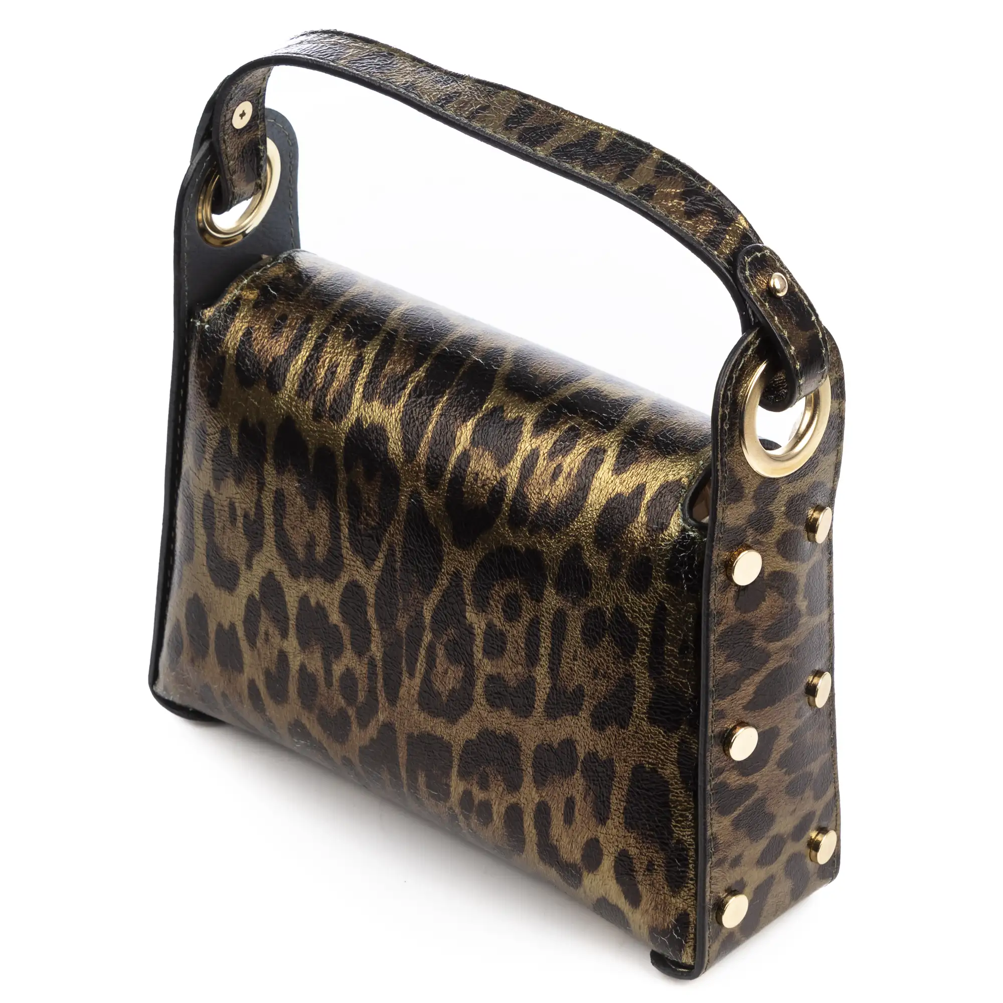 Aquileia bolso de mano mujer. Piel auténtica Gamuza con estampado animal print leopardo lacada brillante.