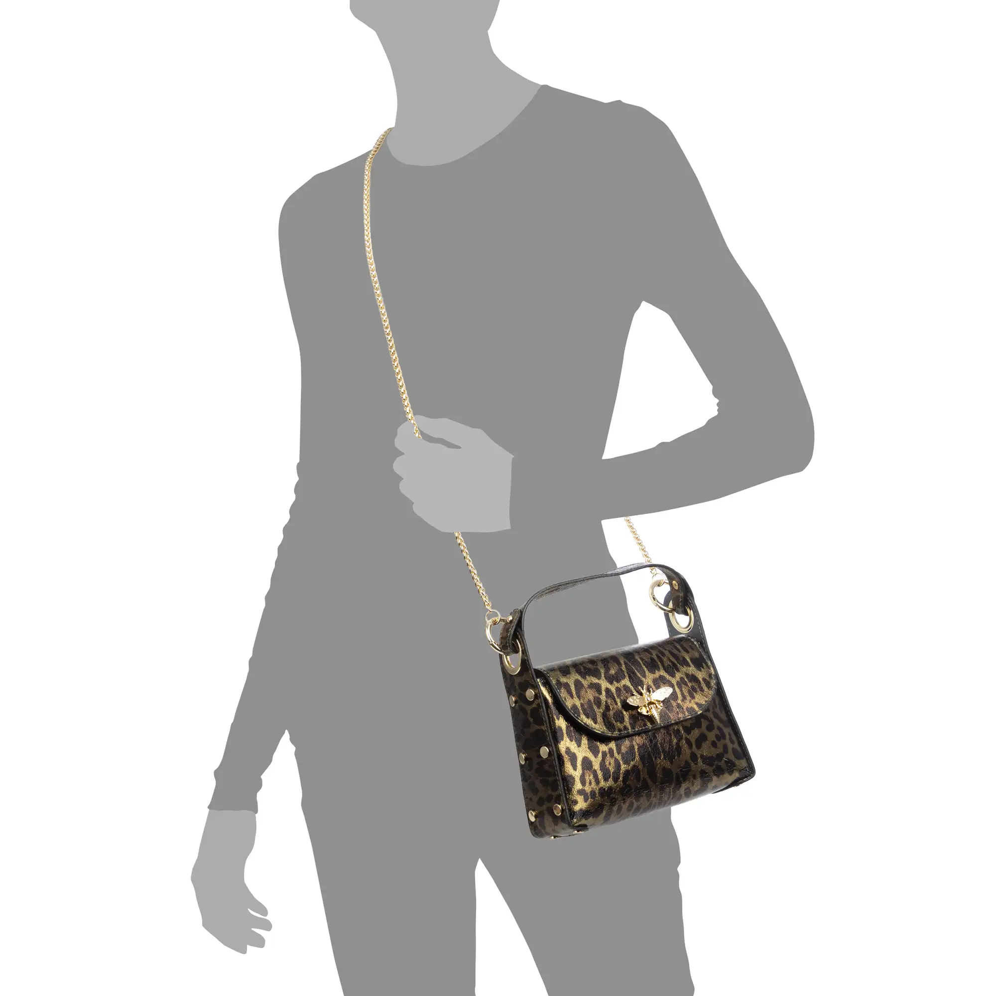 Aquileia bolso de mano mujer. Piel auténtica Gamuza con estampado animal print leopardo lacada brillante.