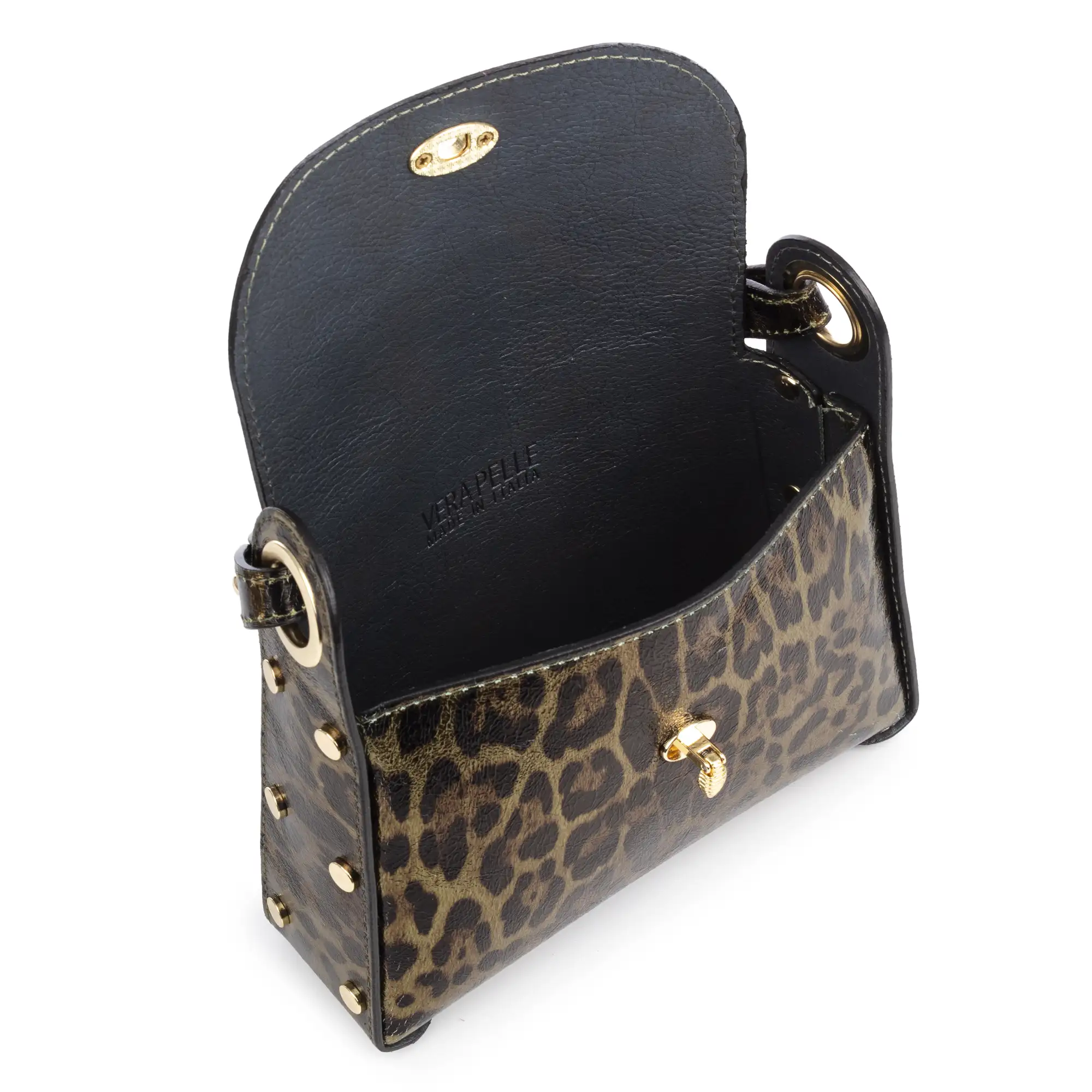 Aquileia bolso de mano mujer. Piel auténtica Gamuza con estampado animal print leopardo lacada brillante.