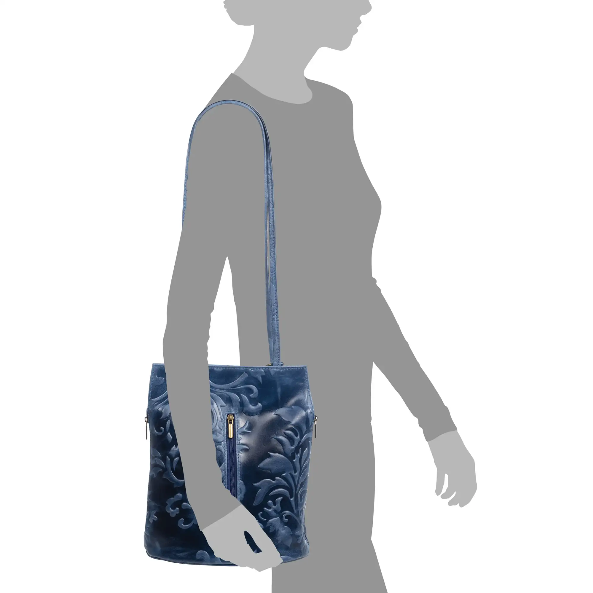 Archi bolso de hombro mujer. Piel auténtica acabado Gamuza grabado flores.