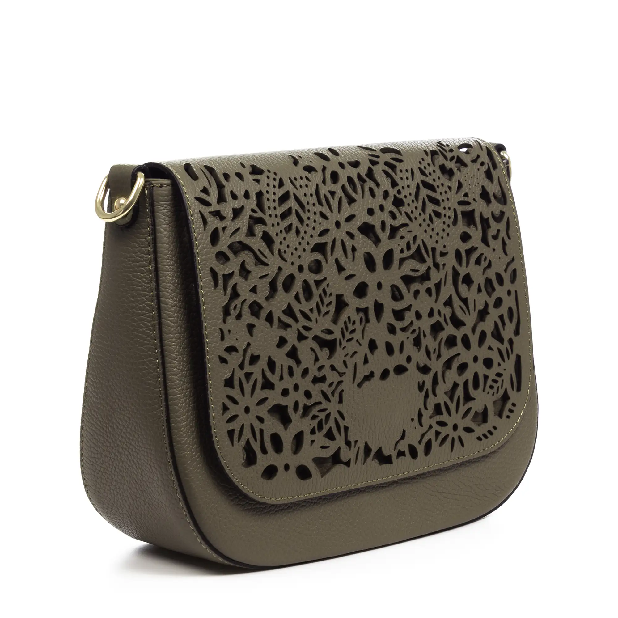 Ari bolso bandolera mujer. Piel auténtica Dollaro con grabado perforado vegetal.