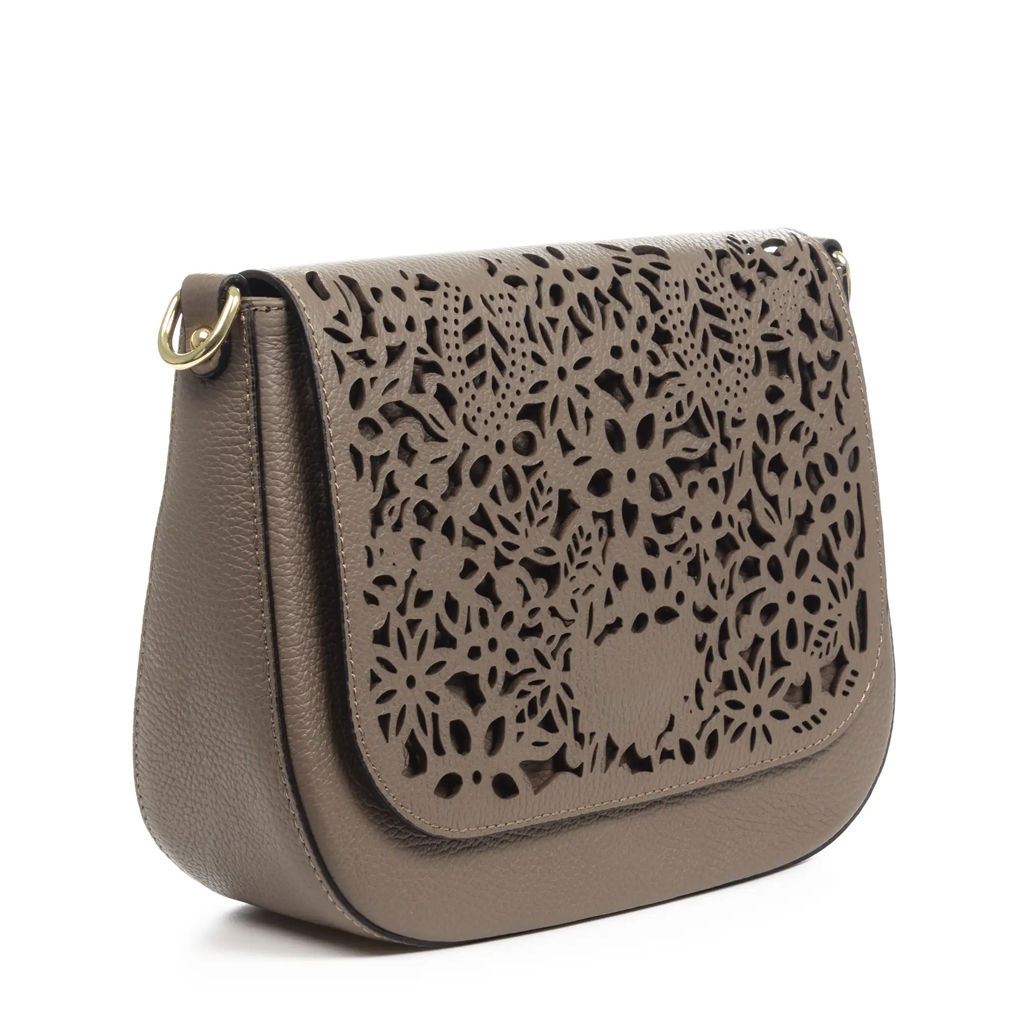 Ari bolso bandolera mujer. Piel auténtica Dollaro con grabado perforado vegetal.