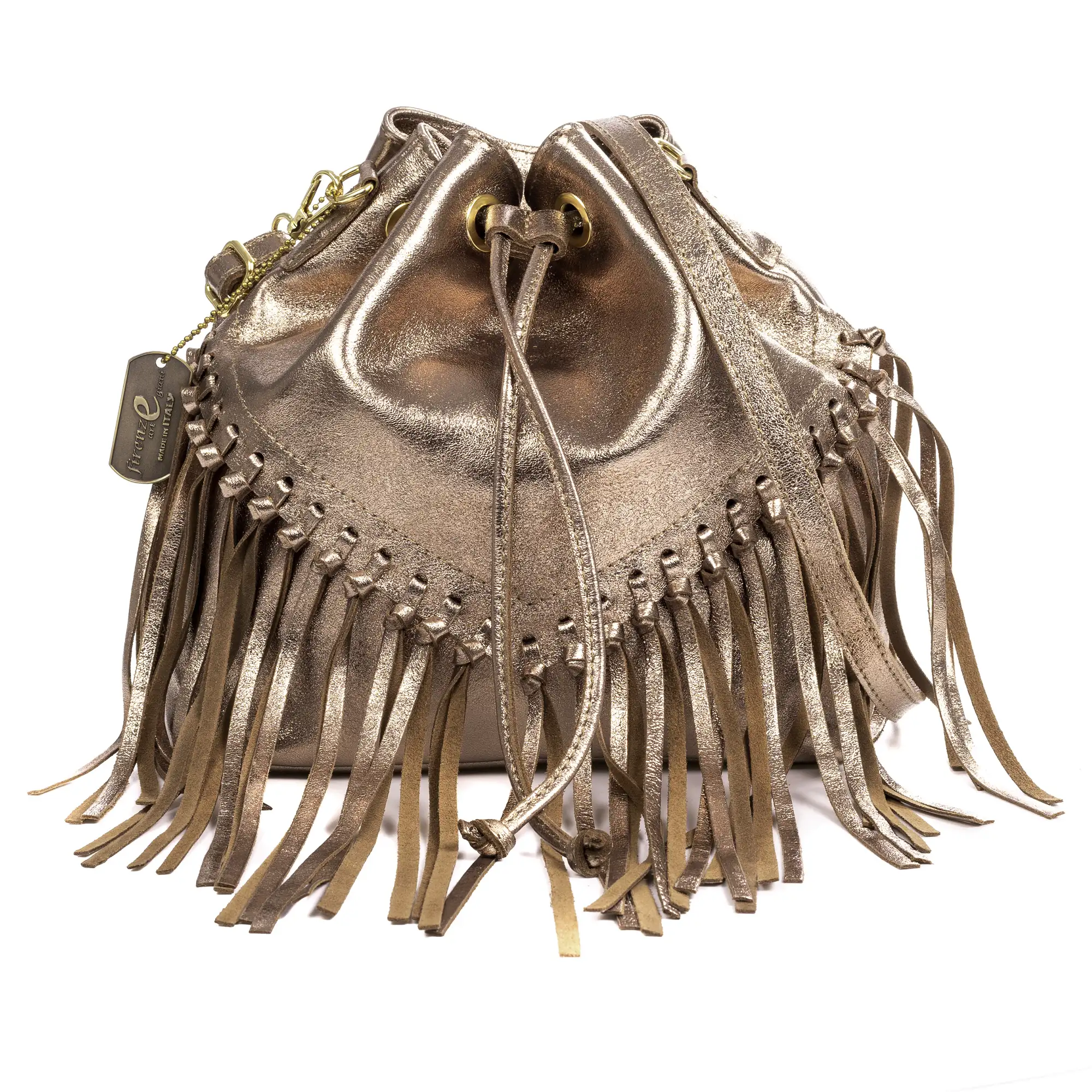 Arzana bolso bandolera piel auténtica gamuza laminada. Diseño exclusivo fruncido y borlas.