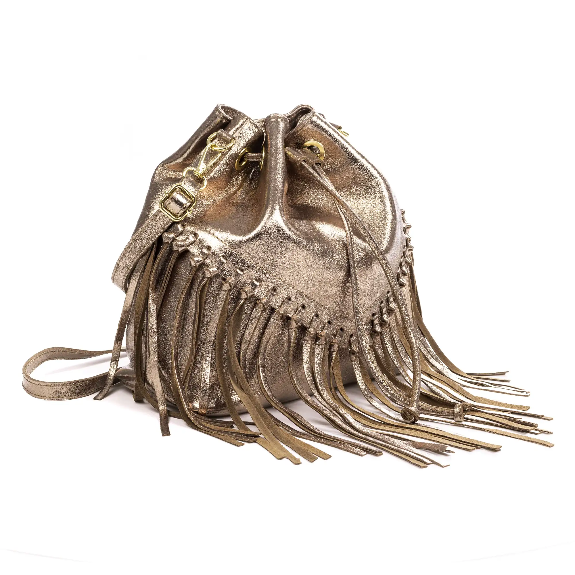 Arzana bolso bandolera piel auténtica gamuza laminada. Diseño exclusivo fruncido y borlas.