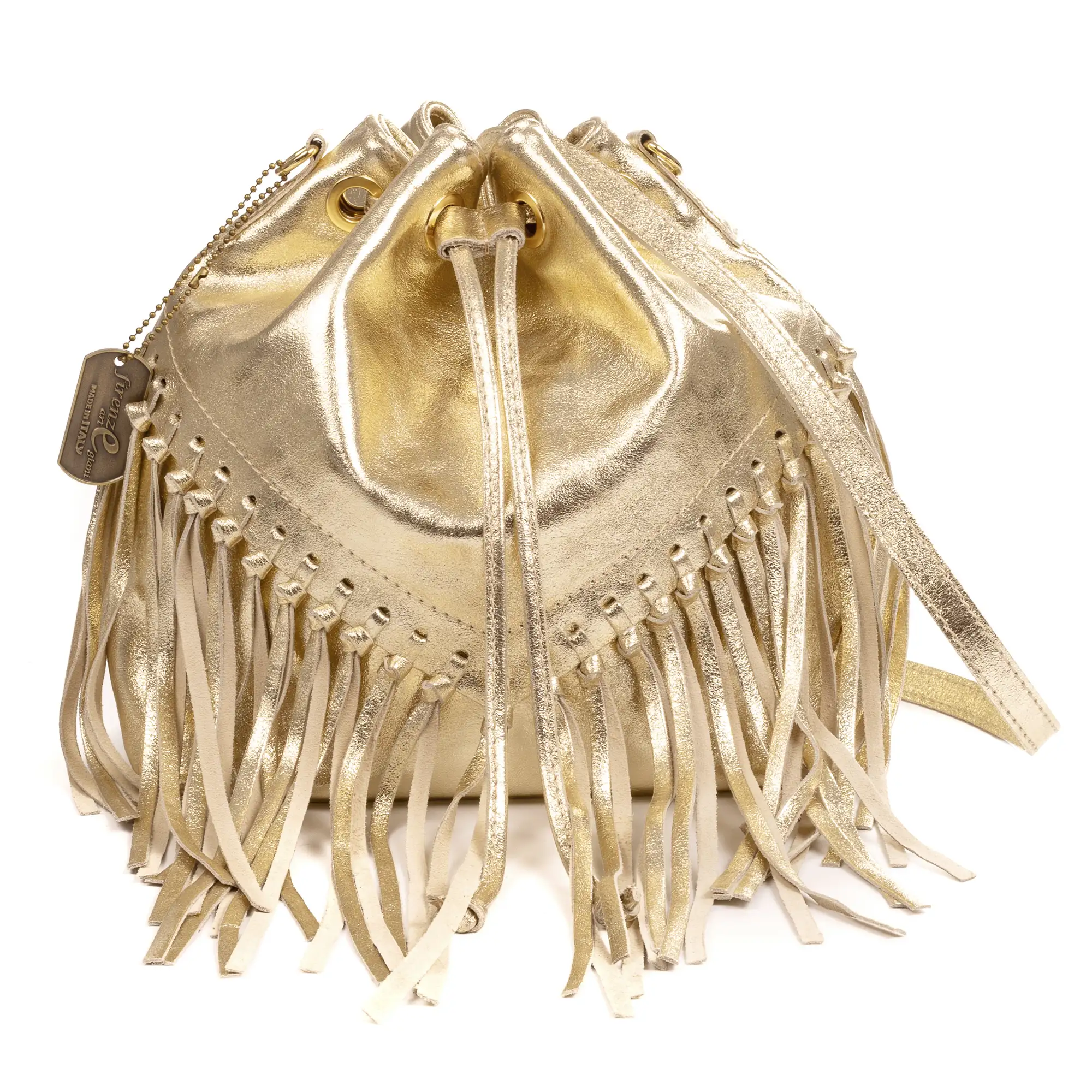 Arzana bolso bandolera piel auténtica gamuza laminada. Diseño exclusivo fruncido y borlas.