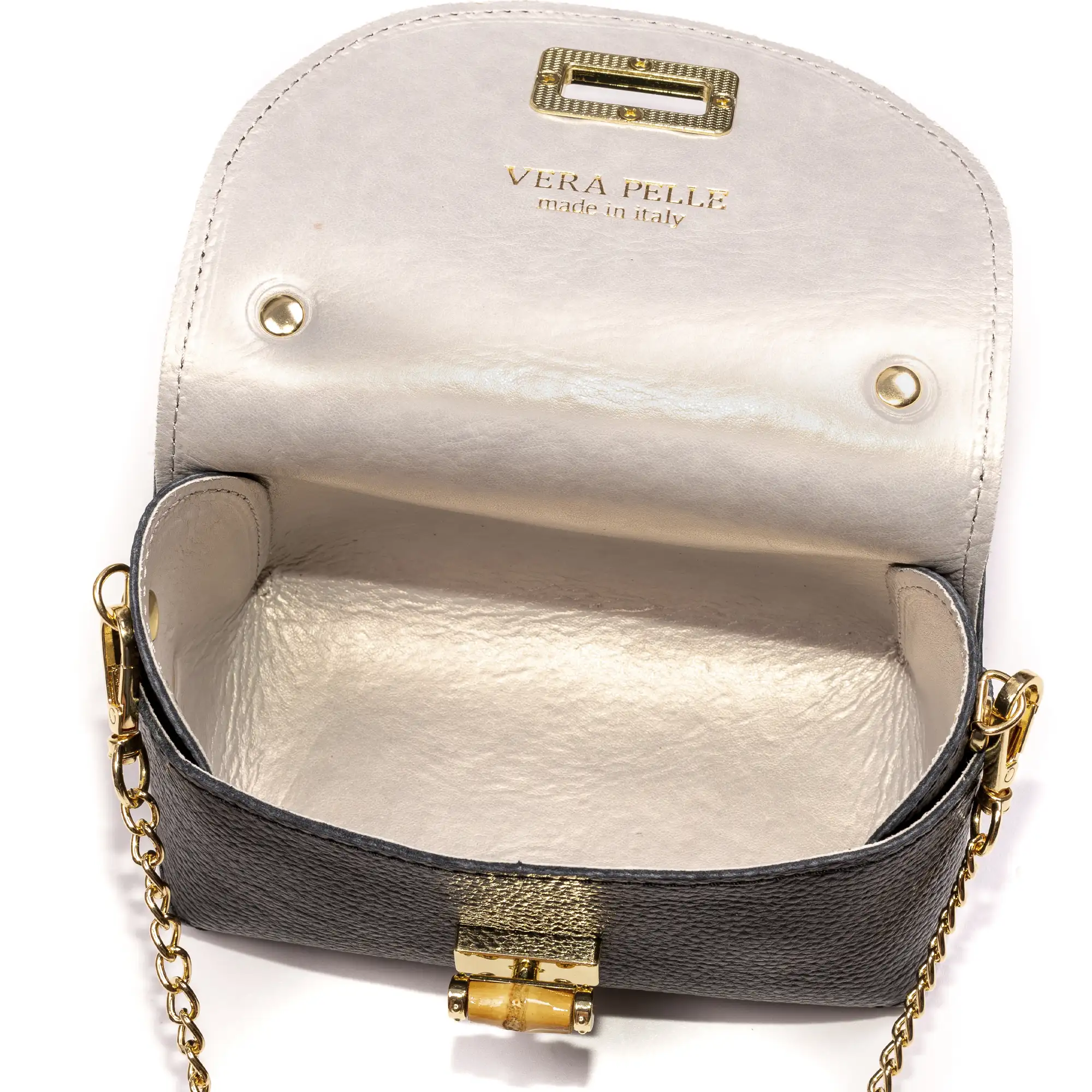 Arzano bolso bandolera piel auténtica dollaro con correa metal. Cierre exclusivo madera