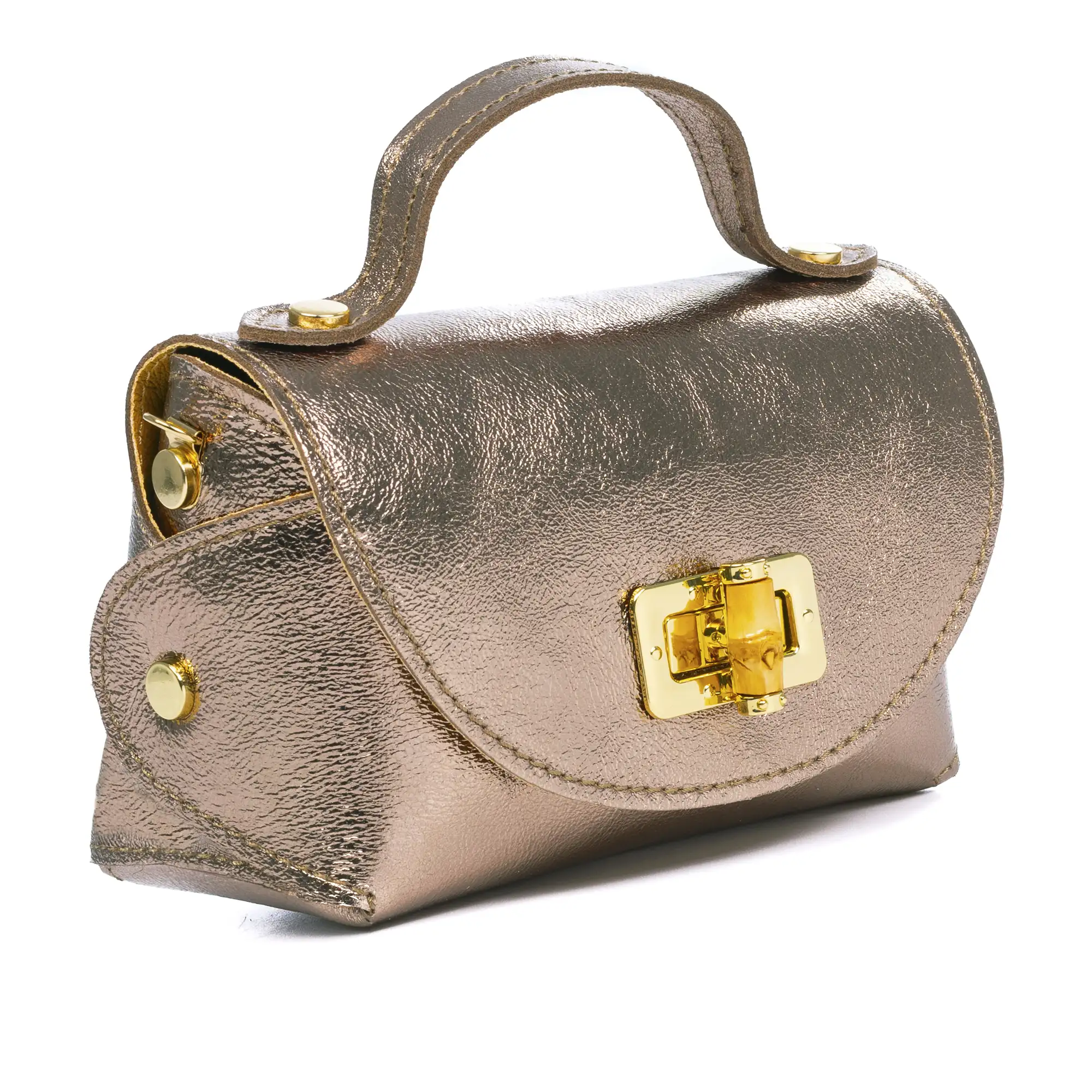 Arzano bolso bandolera en piel auténtica Gamuza Lacada brillante con correa de metal. Cierre exclusivo de madera.