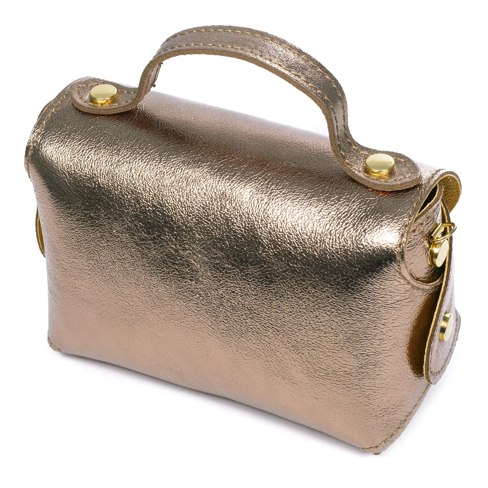Arzano bolso bandolera en piel auténtica Gamuza Lacada brillante con correa de metal. Cierre exclusivo de madera.