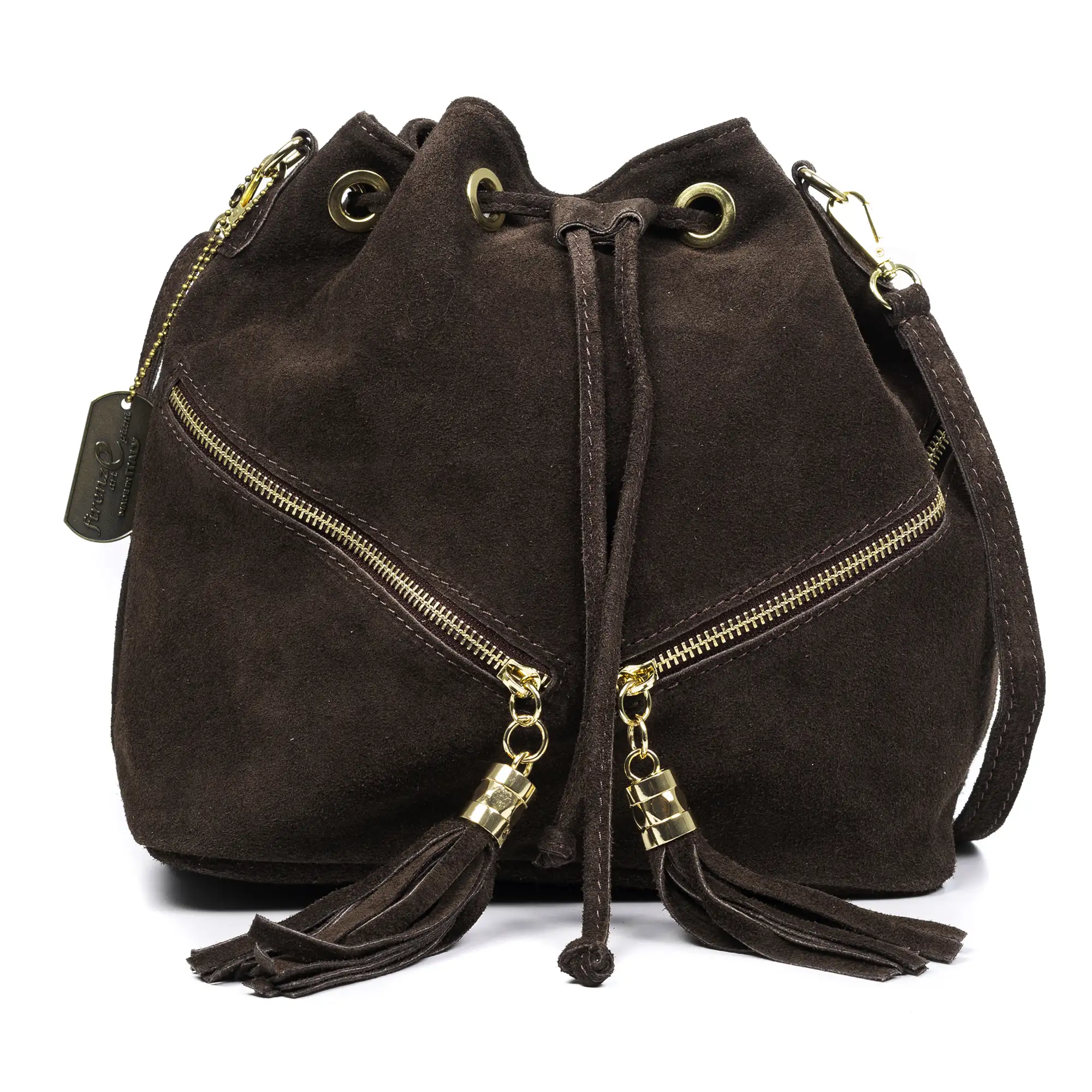 Arzene bolso bandolera piel auténtica gamuza. Diseño fruncido y borlas en el frontal
