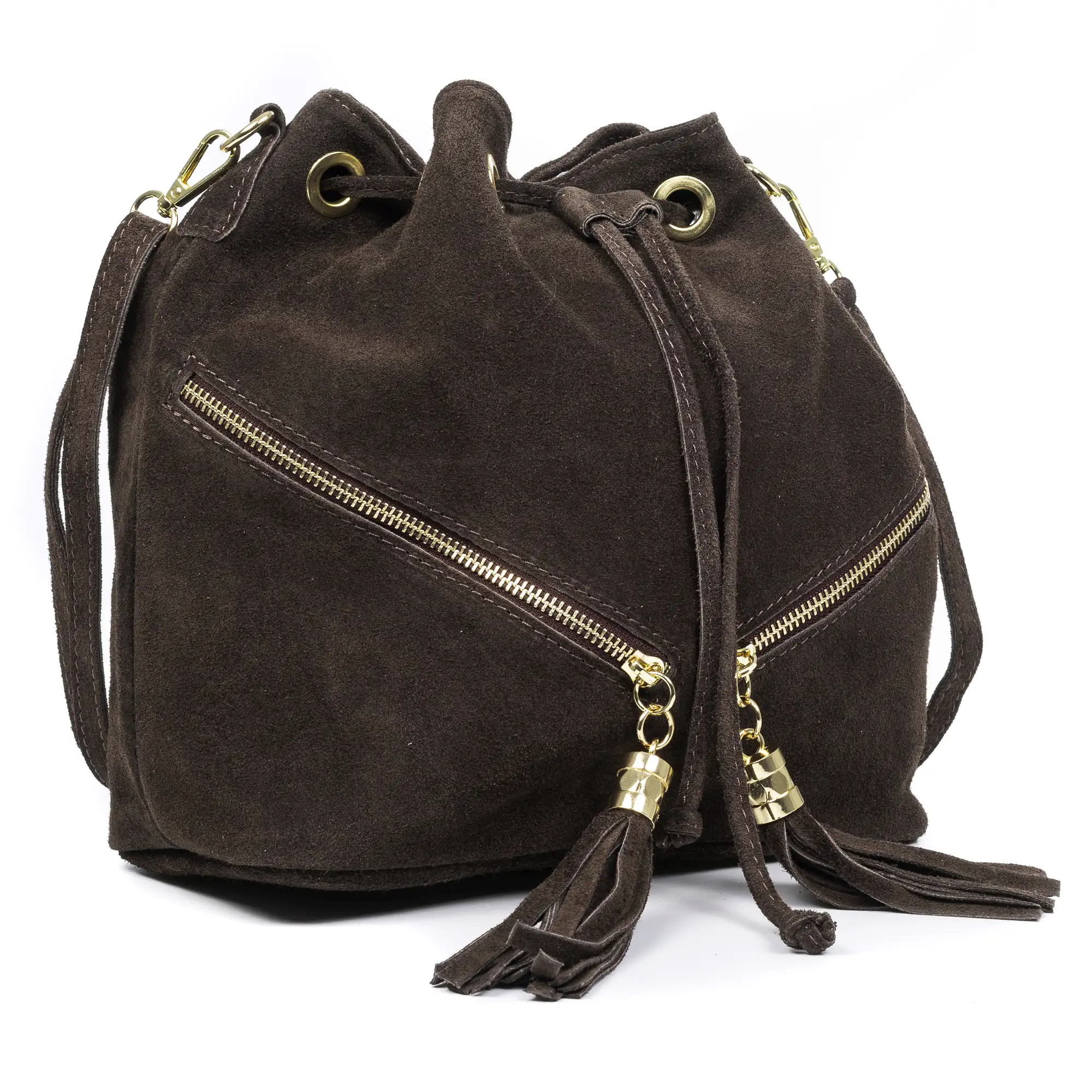 Arzene bolso bandolera piel auténtica gamuza. Diseño fruncido y borlas en el frontal
