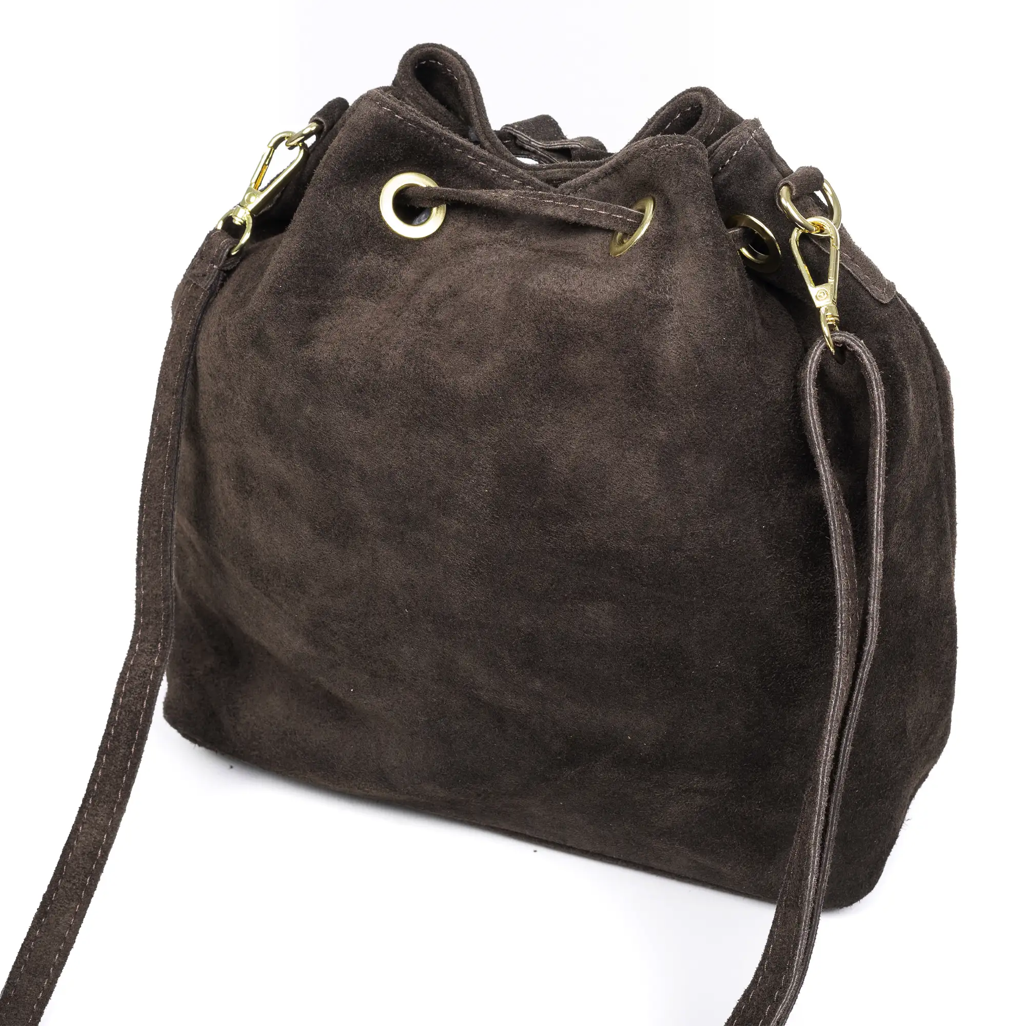 Arzene bolso bandolera piel auténtica gamuza. Diseño fruncido y borlas en el frontal
