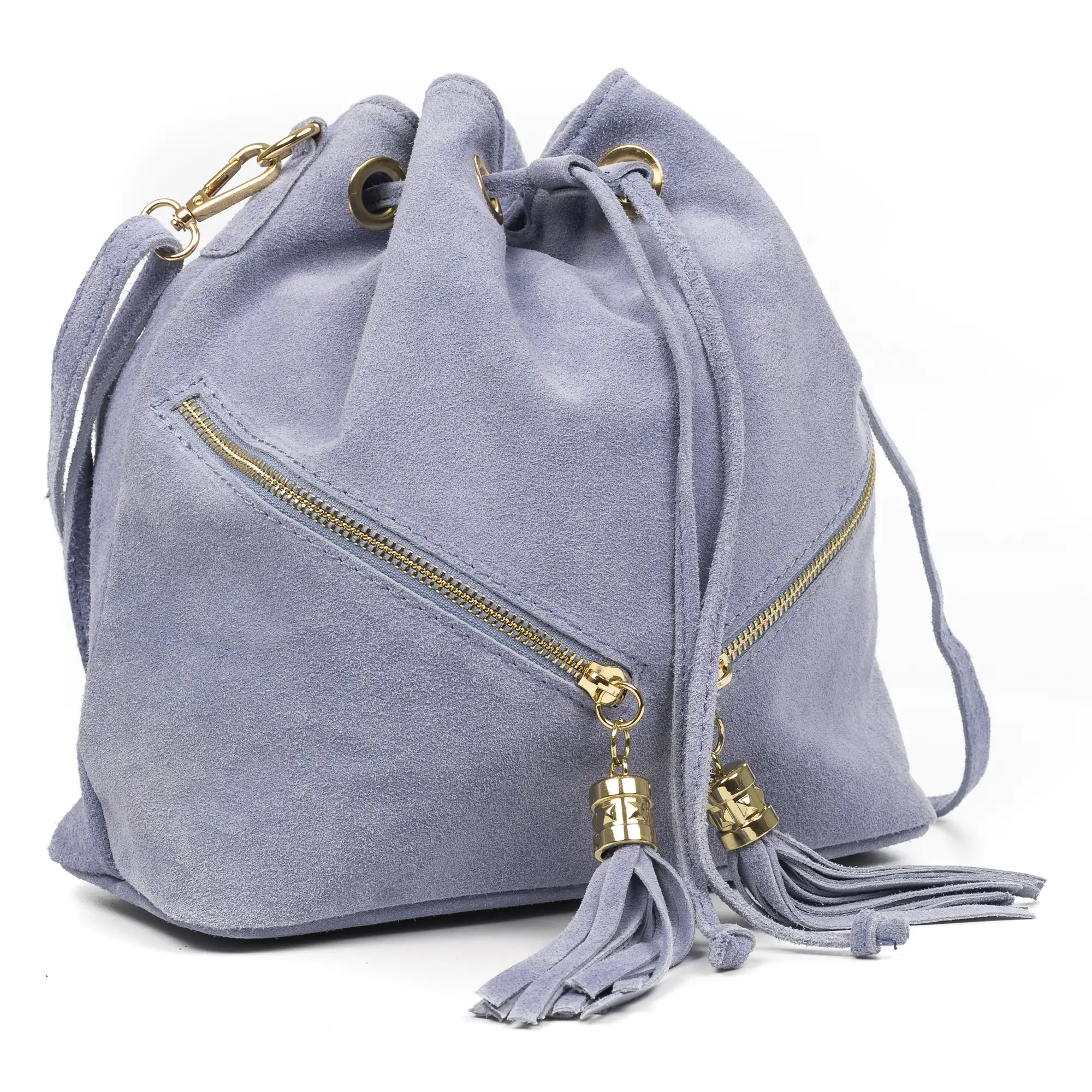 Arzene bolso bandolera piel auténtica gamuza. Diseño fruncido y borlas en el frontal