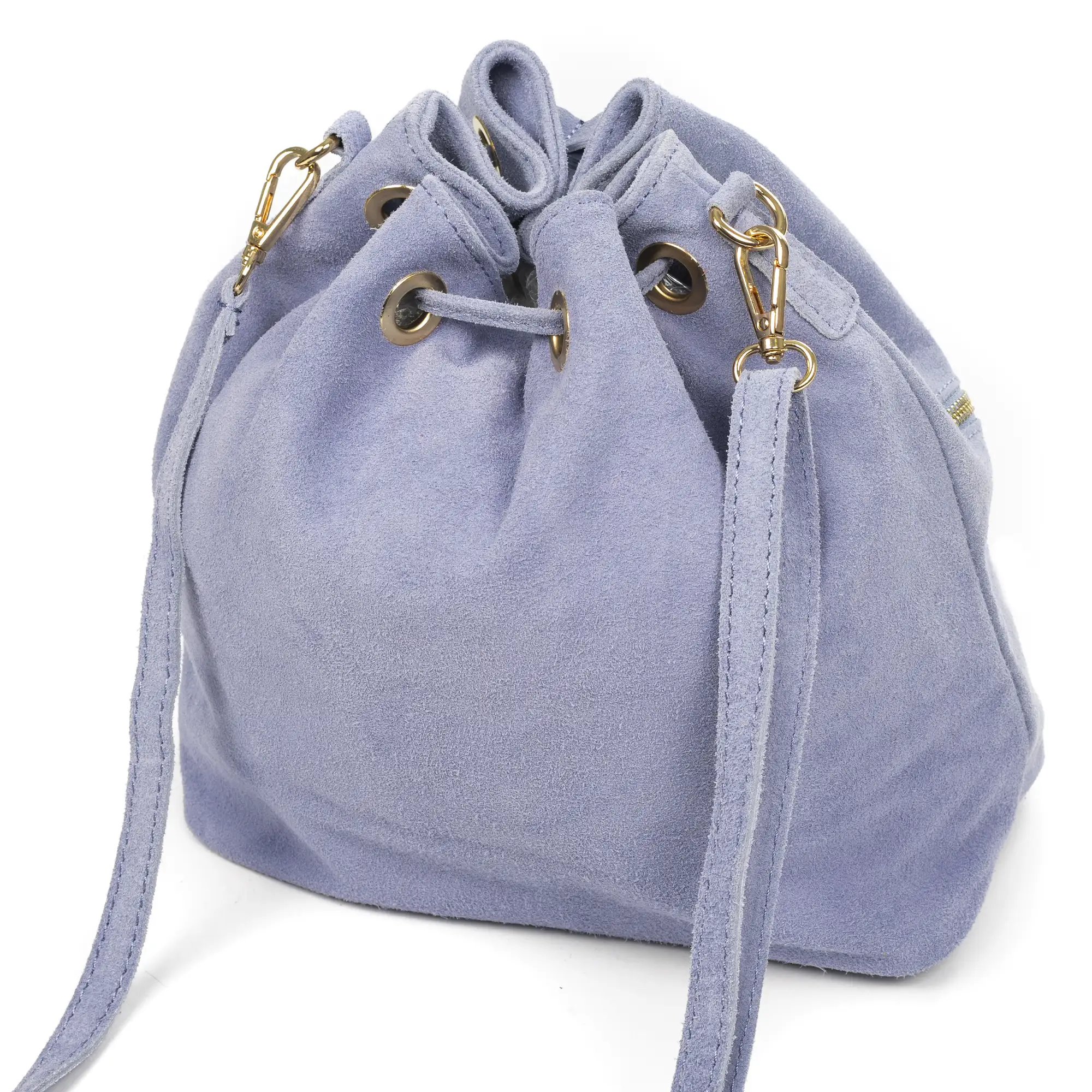 Arzene bolso bandolera piel auténtica gamuza. Diseño fruncido y borlas en el frontal
