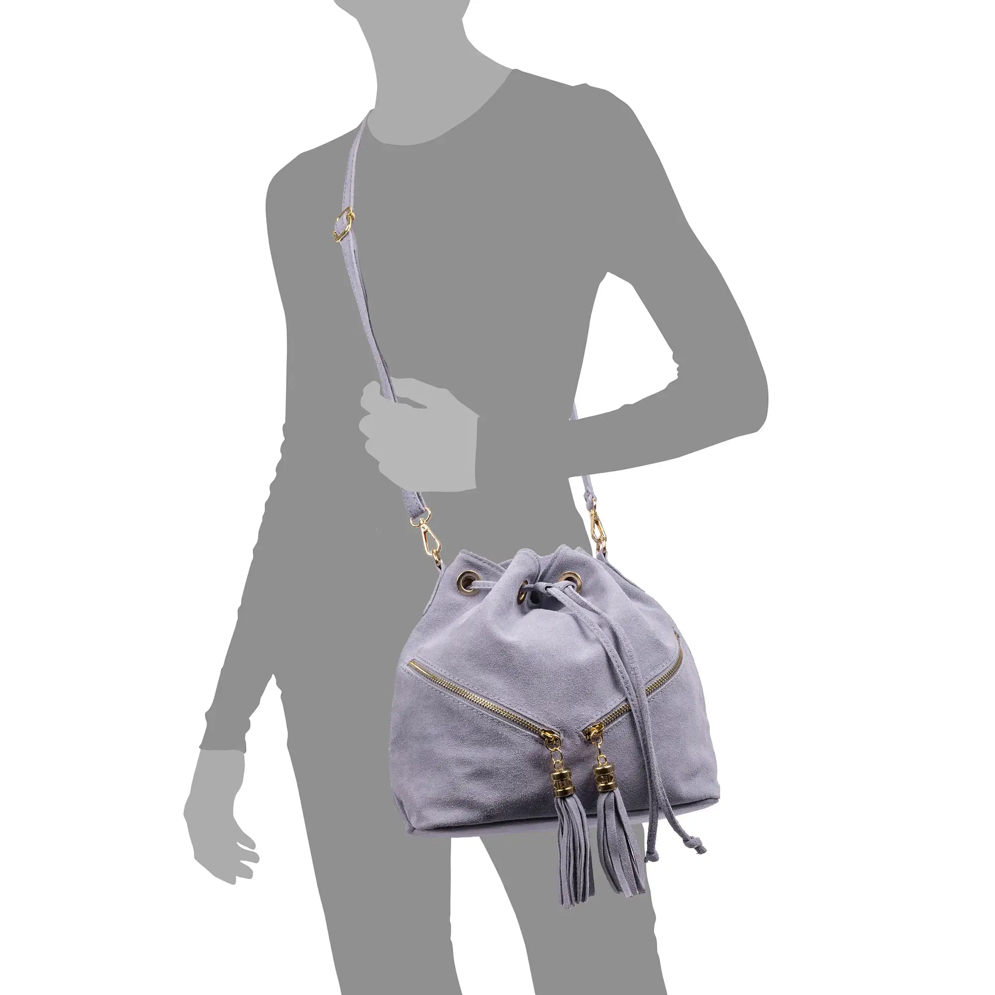 Arzene bolso bandolera piel auténtica gamuza. Diseño fruncido y borlas en el frontal