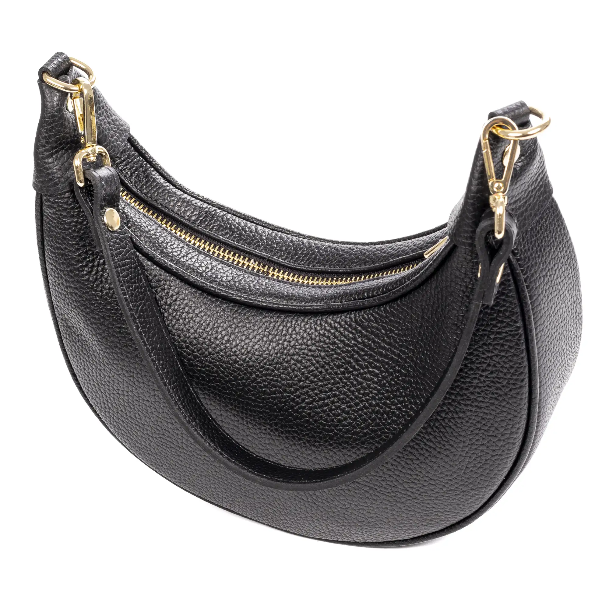 Asís bolso bandolera y mano, de piel auténtica acabado dollaro, con diseño en media luna.