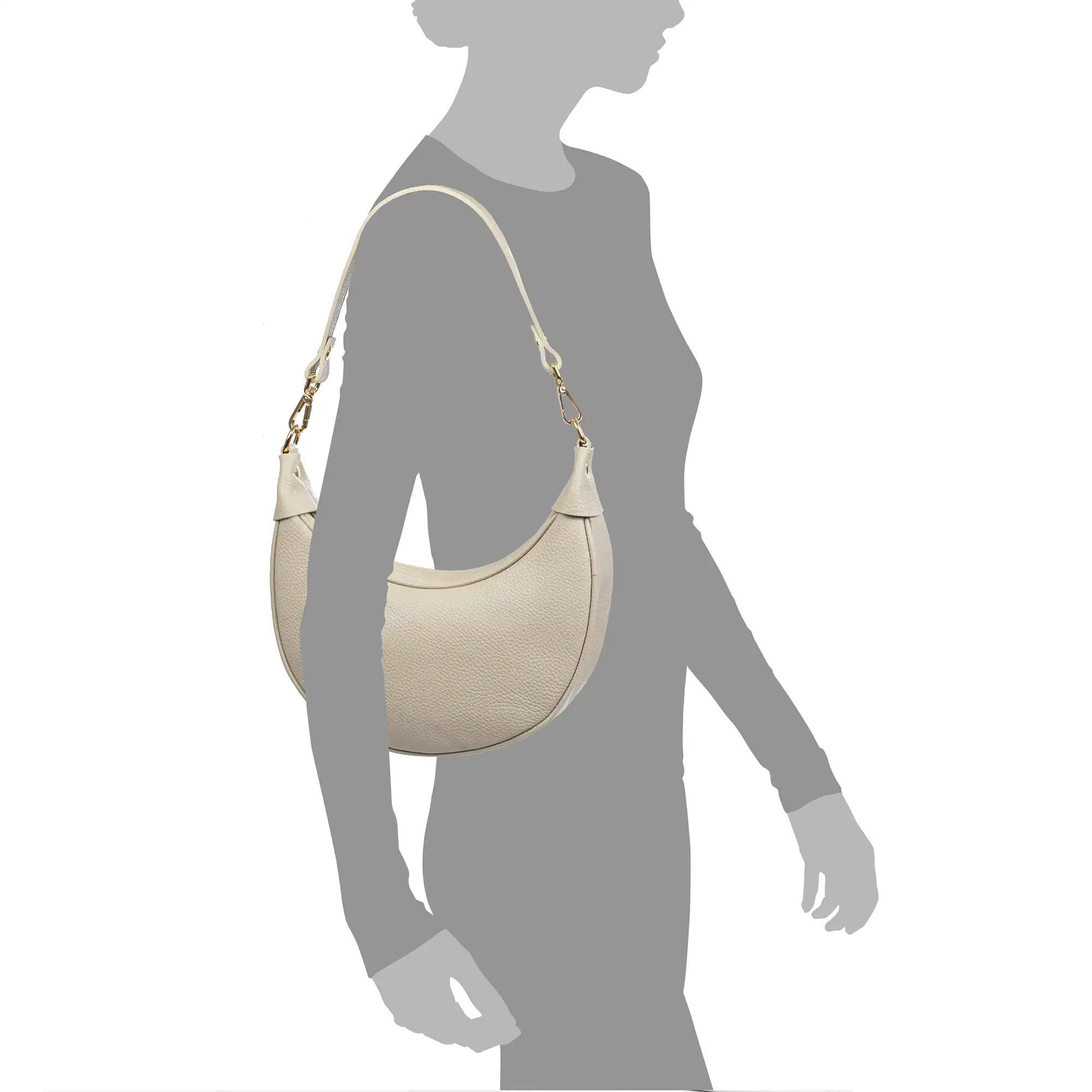 Asís bolso bandolera y mano, de piel auténtica acabado dollaro, con diseño en media luna.