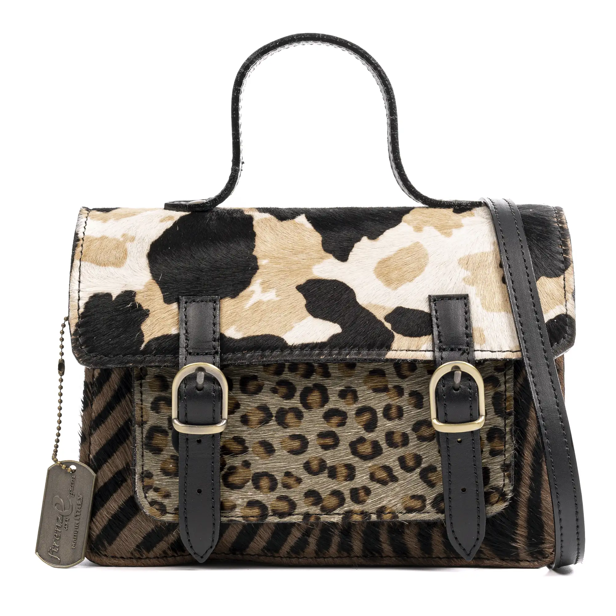 Assoro bolso Satchel con doble hebilla, piel auténtica Cavallino estampada.