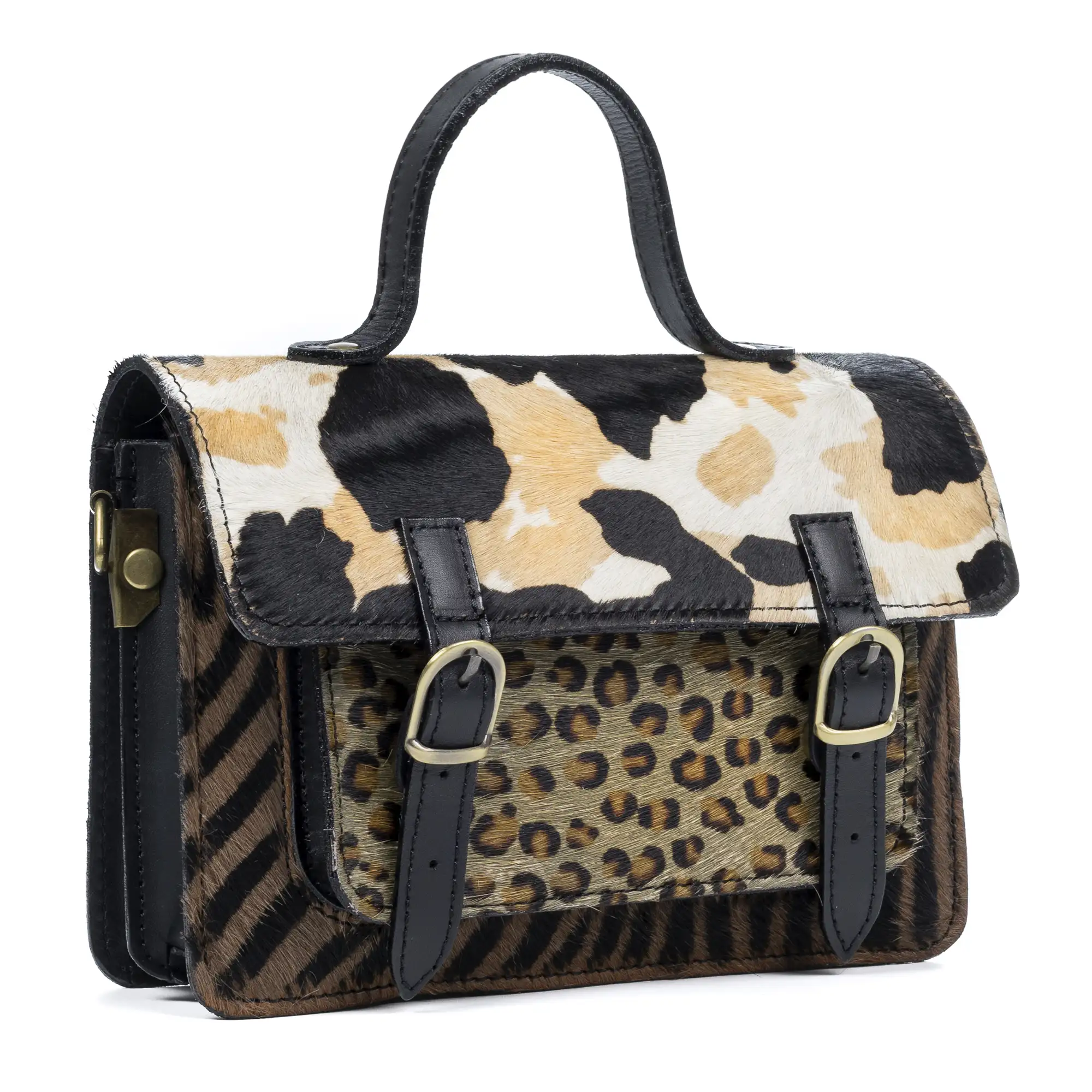 Assoro bolso Satchel con doble hebilla, piel auténtica Cavallino estampada.