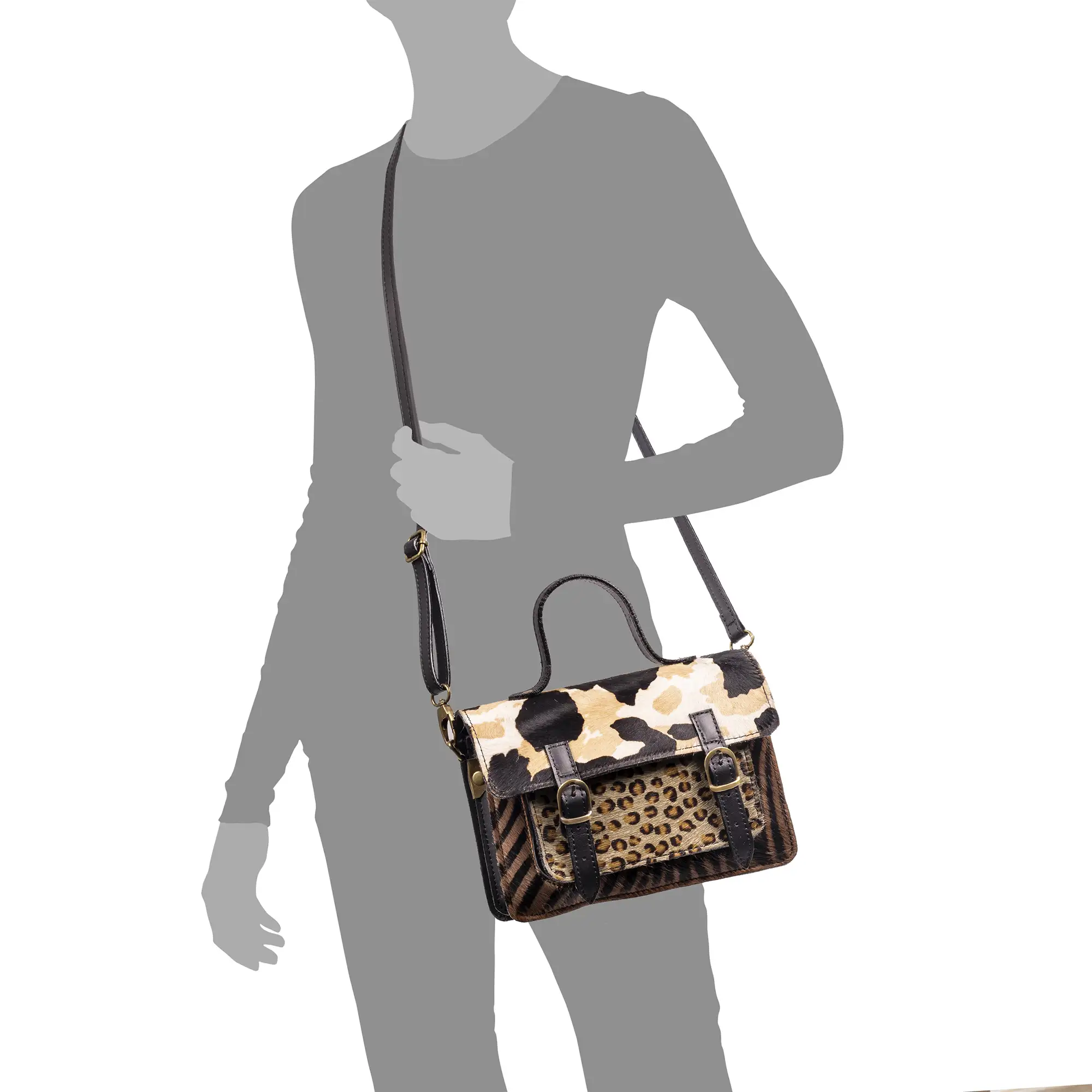 Assoro bolso Satchel con doble hebilla, piel auténtica Cavallino estampada.