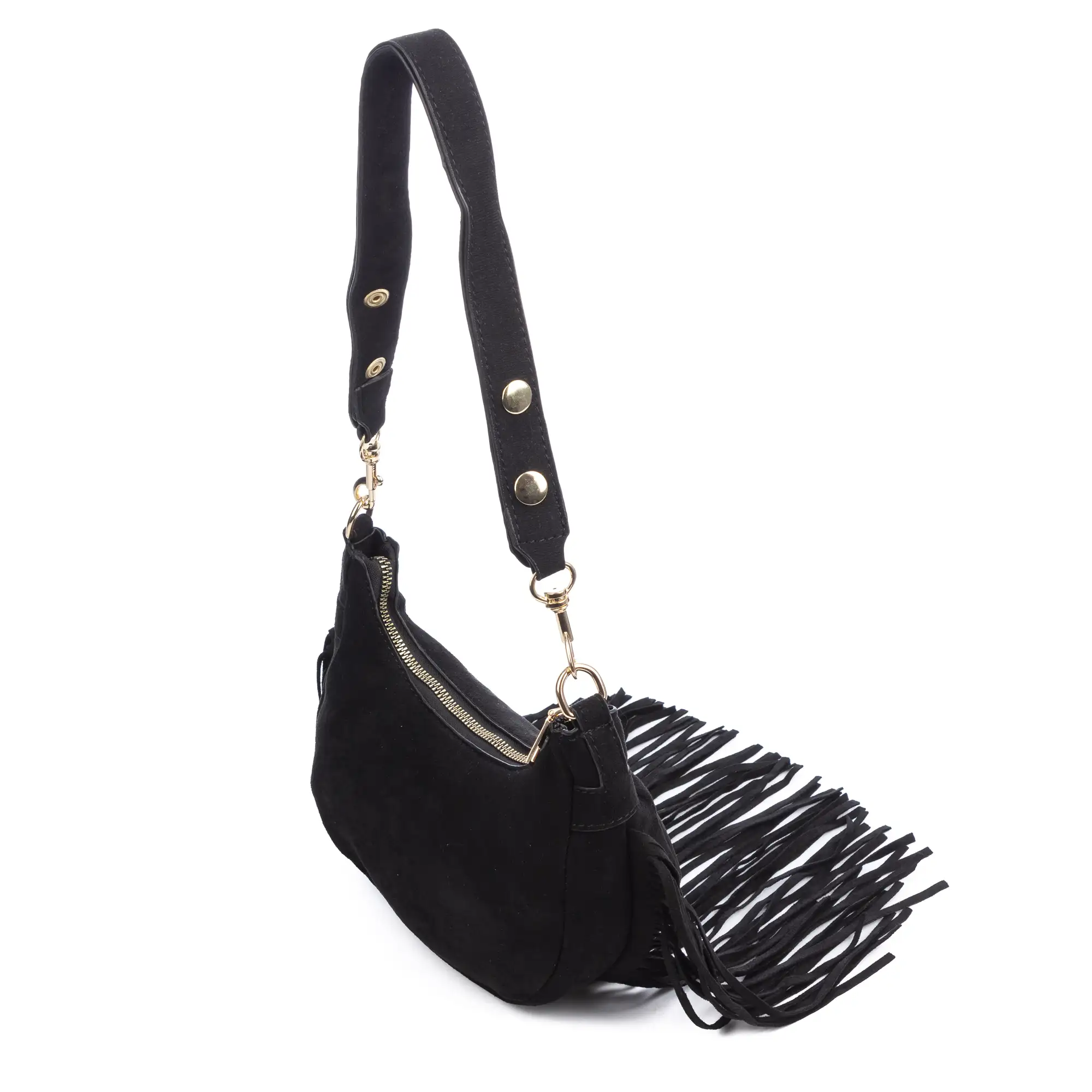 Ateleta bolso bandolera de piel auténtica gamuza, con flecos.