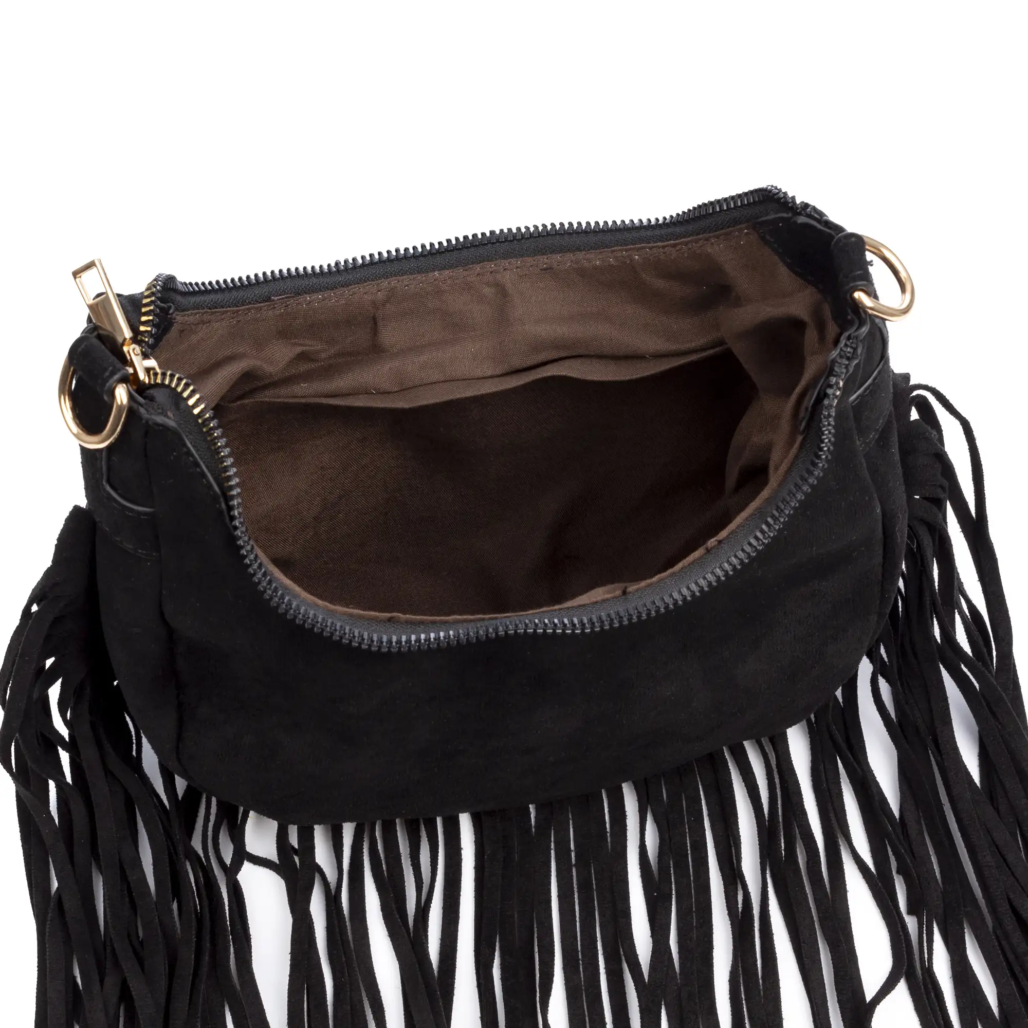 Ateleta bolso bandolera de piel auténtica gamuza, con flecos.