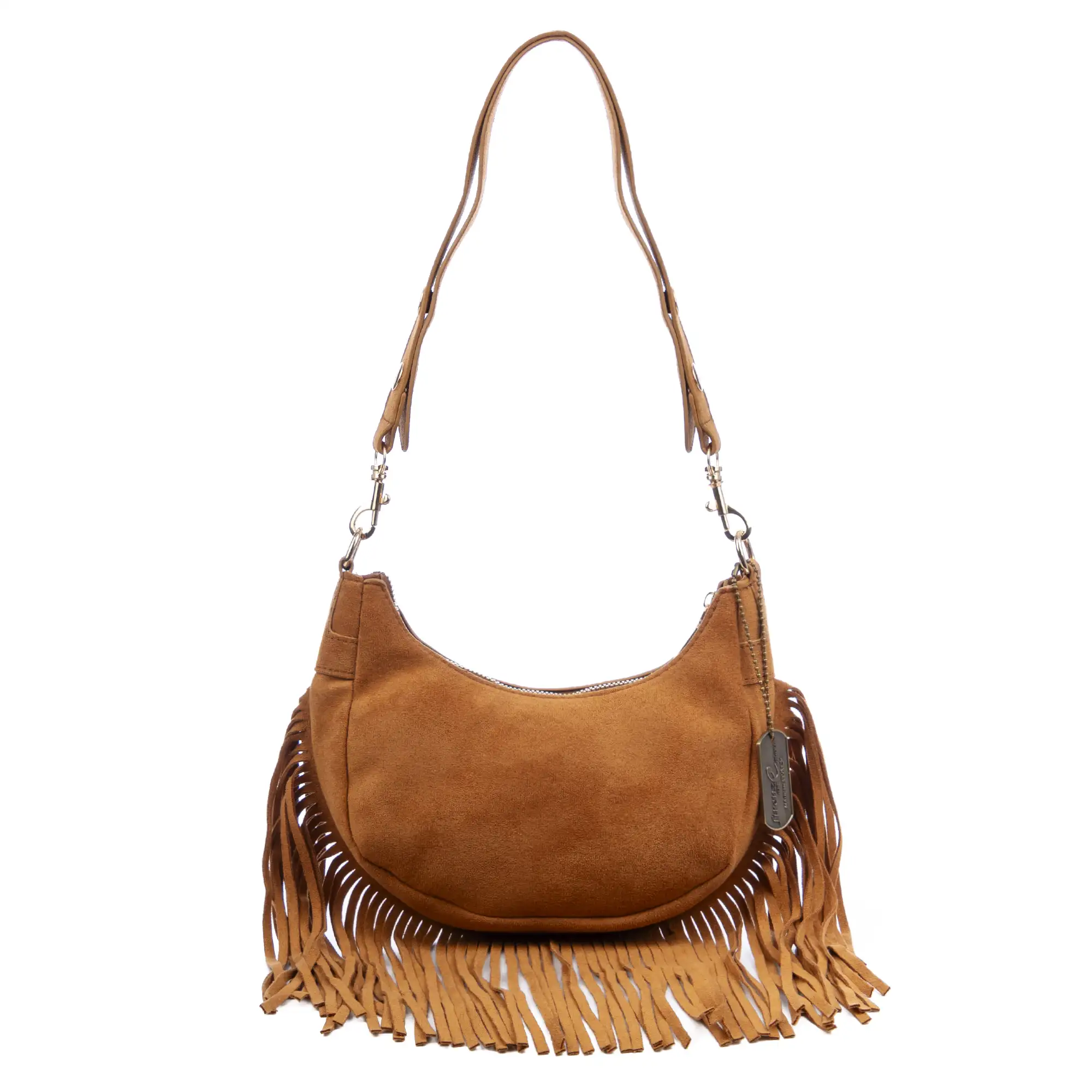 Ateleta bolso bandolera de piel auténtica gamuza, con flecos.