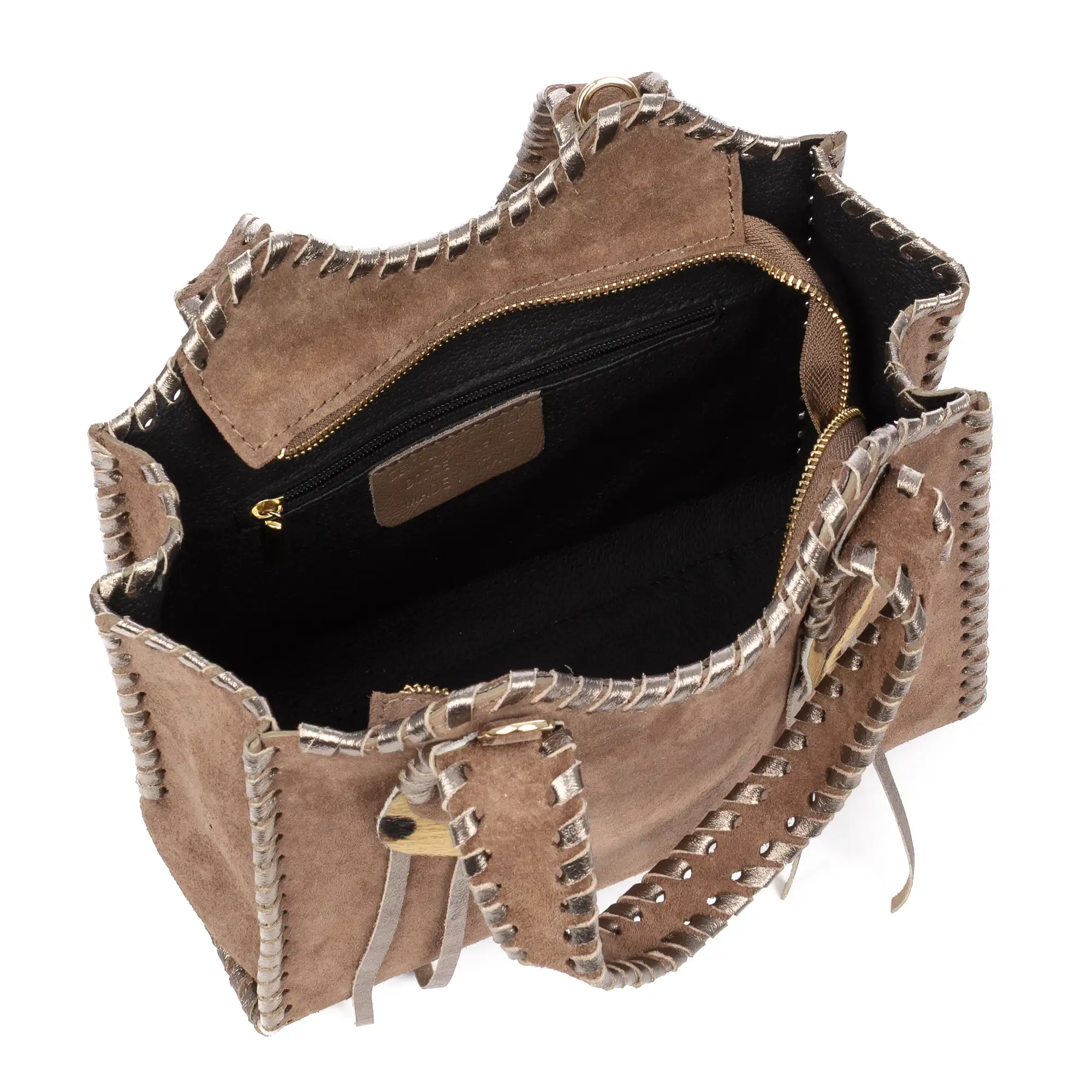 Avio bolso de mano mujer. Piel auténtica Gamuza con costura decorativa en piel auténtica brillante.